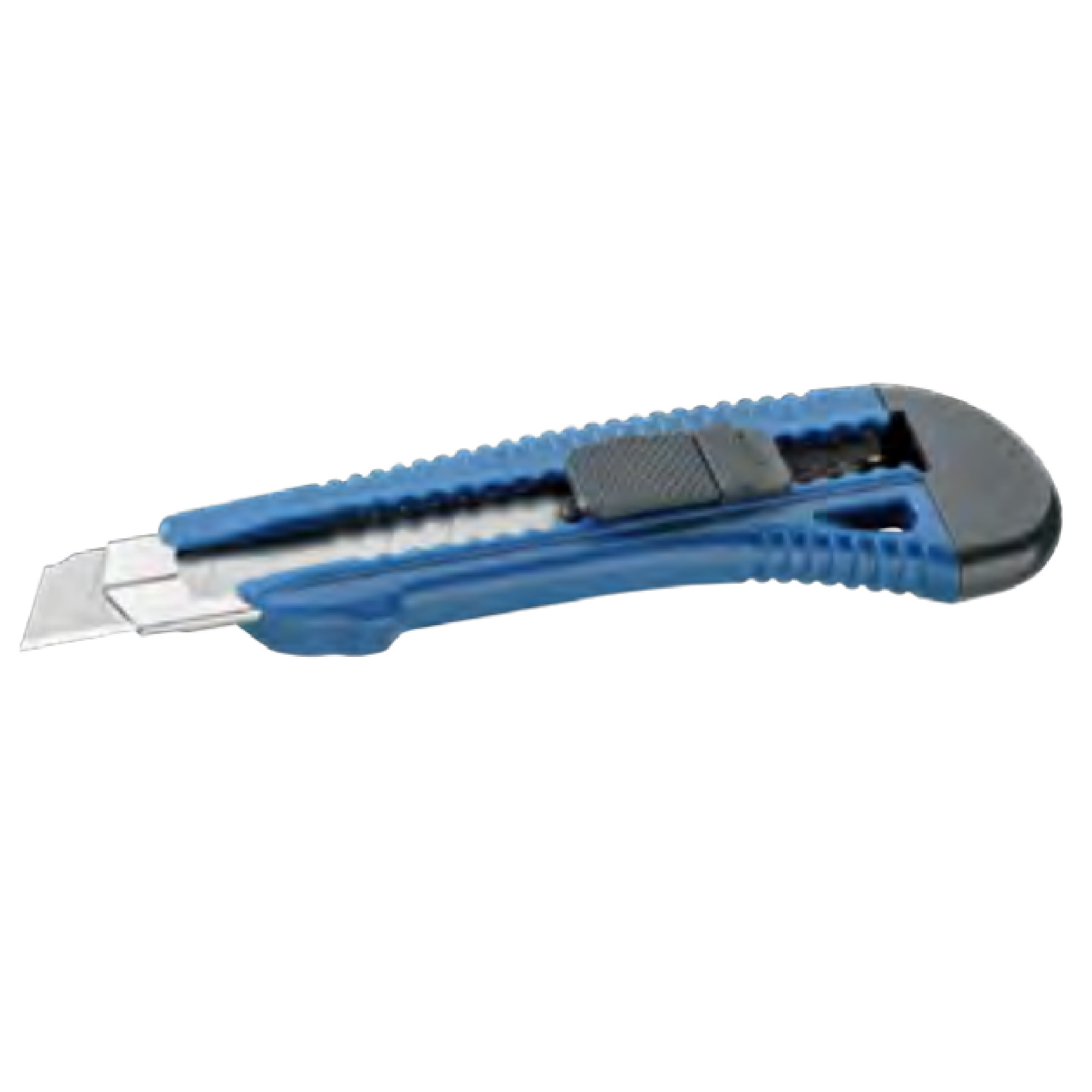 Ein blauer Cuttermesser mit einem schwarzen Griffrand und einer ausgeklappten Klinge. Der Messergriff hat eine strukturierte Oberfläche für besseren Halt und einen Schieber zum Verstellen der Klingenlänge. Ideal für präzise Schnittarbeiten in verschiedenen Materialien.