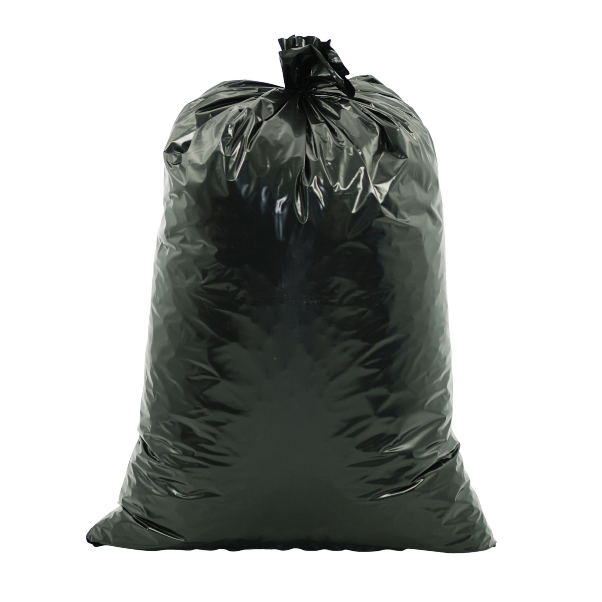 Ein großer, schwarzer, glänzender Entsorgungssack aus LDPE-Folie, der leer und aufrecht steht. Der obere Teil ist zusammengeknüllt. Der Sack hat die Maße 70x110 cm, eine Stärke von 200 my und ein Volumen von 120 Litern.