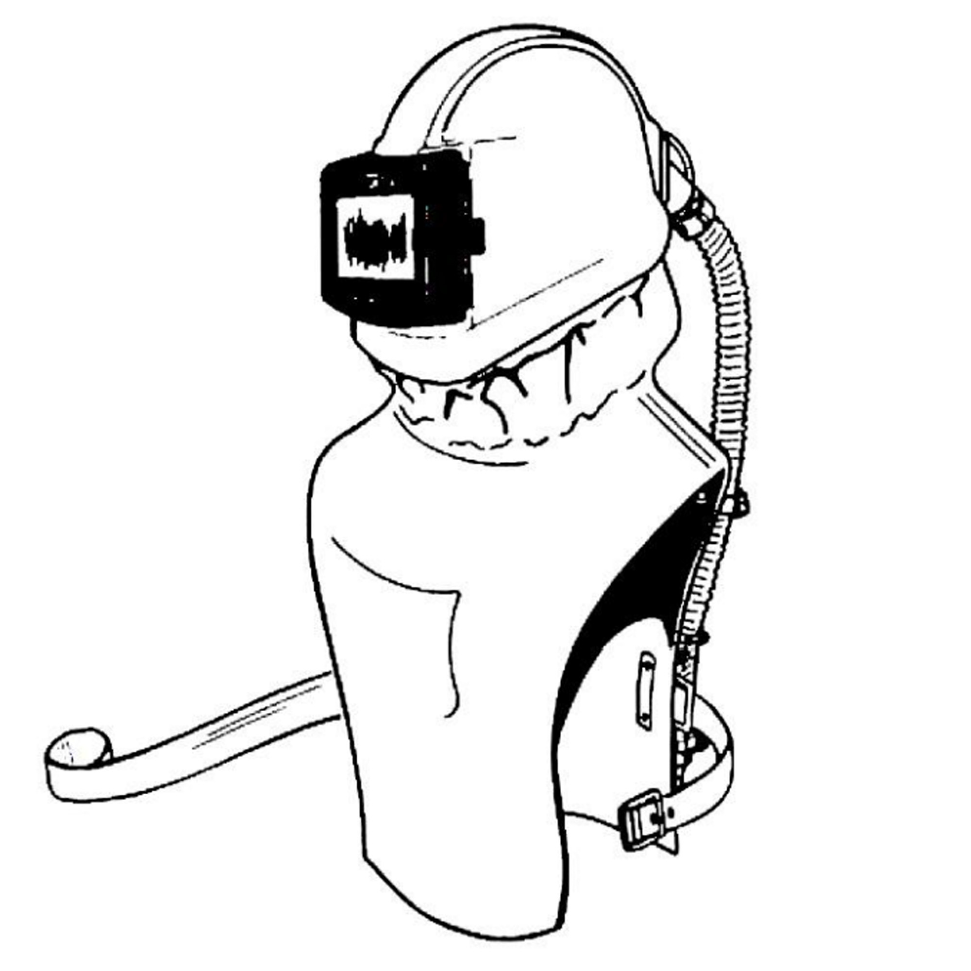 Eine technische Zeichnung eines Atemschutzgeräts mit einem Helm, einer Sichtscheibe und einem Ansaugschlauch. Das Gerät ist dazu gedacht, den Benutzer vor schädlichen Stoffen in der Luft zu schützen. Es zeigt verschiedene Teile, die zur sicheren Handhabung und Funktionalität dienen.