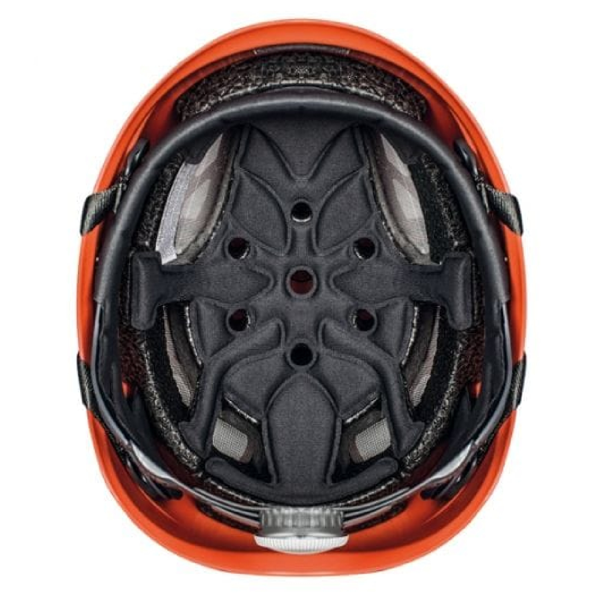 Eine obere Ansicht eines orangefarbenen Helms. Der Innenbereich ist mit schwarzem Polster ausgestattet und zeigt mehrere Belüftungslöcher. Der Helm ist zur Sicherheit ausgelegt und zeigt ein verstellbares System zur Anpassung der Größe.