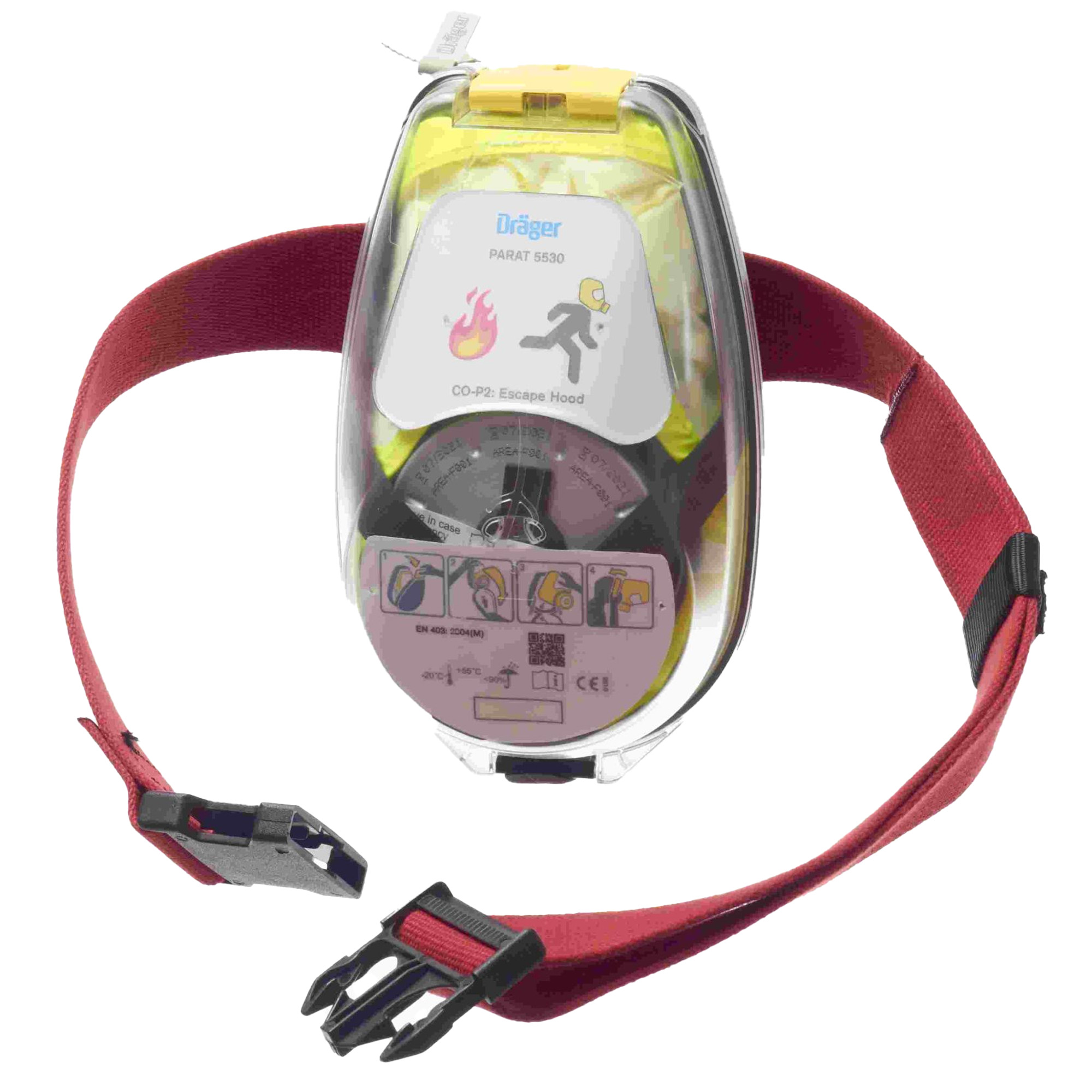 Das Bild zeigt eine Dräger Parat 5530 Fluchtmaske in einer transparenten Verpackung, mit einem gelben Deckel und einem roten Tragegurt. Auf der Vorderseite sind Symbole für Brand- und Fluchtsicherheit sowie Anweisungen zur Benutzung abgebildet.