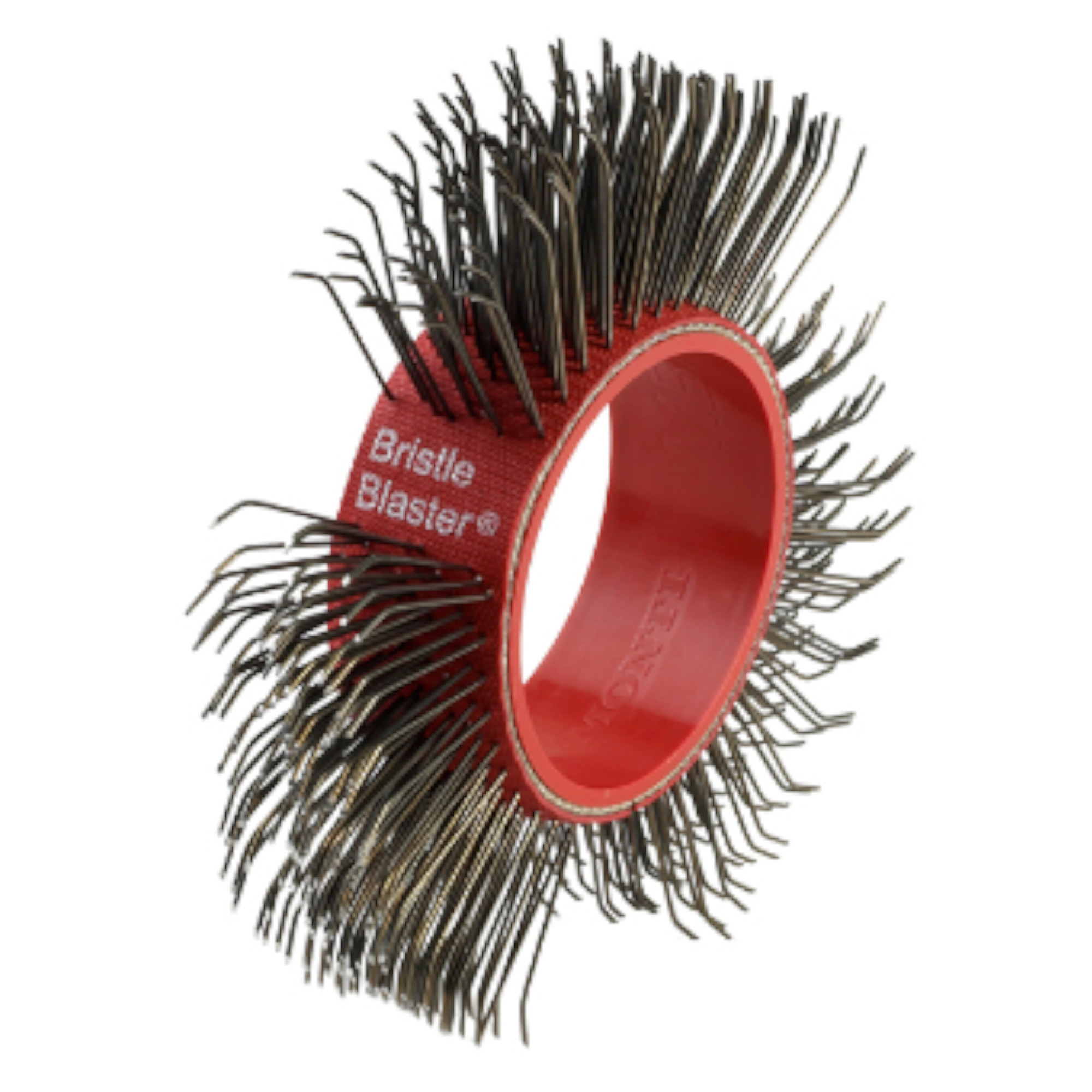 Ein rot-weißer Kamm mit einer kreisförmigen Basis, der mit vielen stacheligen Borsten bedeckt ist. Die Borsten sind in unterschiedlichen Längen angeordnet und verleihen dem Kamm ein auffälliges Aussehen. Er ist als Bristle Blaster® gekennzeichnet.