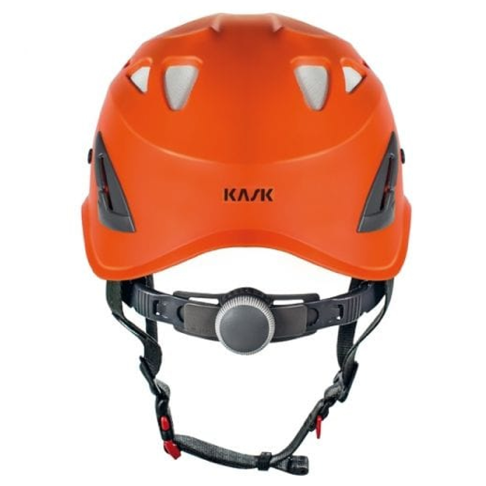 Ein orangener Helm von KASK mit Belüftungsöffnungen und einem verstellbaren Riemen. Dieser Helm ist für Sicherheitsanwendungen konzipiert und bietet Schutz im Arbeitsumfeld. Die Oberfläche ist glatt und die Form passt sich gut an den Kopf an.