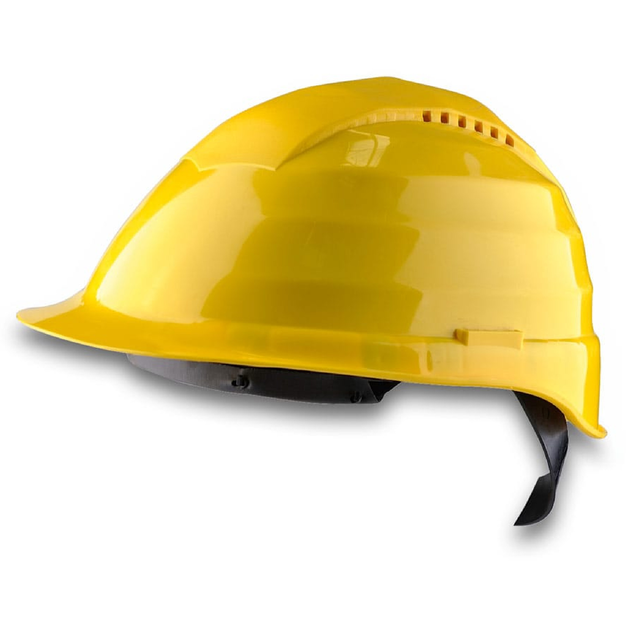Ein gelber Schutzhelm ist seitlich abgebildet. Der Helm hat eine glänzende Oberfläche und Belüftungsöffnungen an der Oberseite. Die Innenausstattung ist für eine sichere Passform ausgelegt. Der Helm dient zum Schutz am Arbeitsplatz oder auf Baustellen.