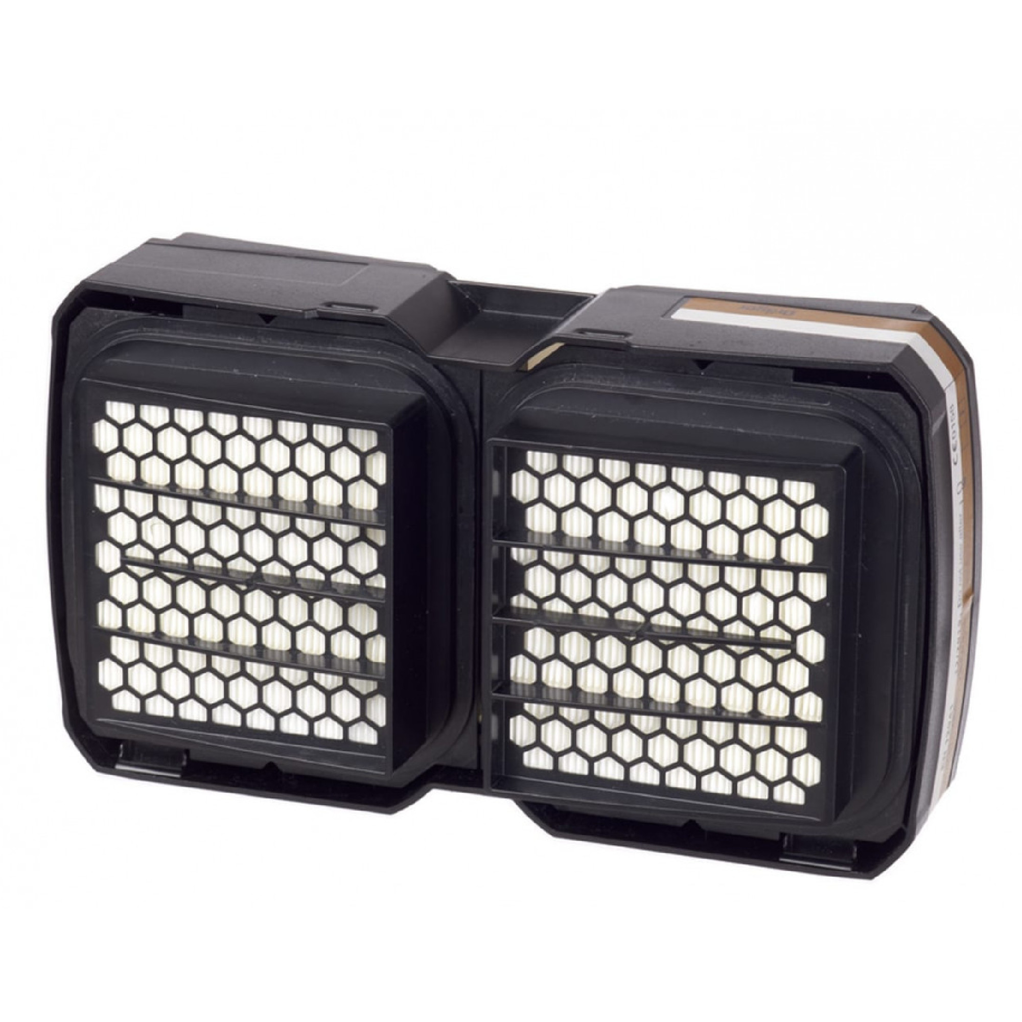 Das Bild zeigt einen rechteckigen Luftfilter mit zwei identischen Kammern. Jede Kammer hat eine Struktur aus bienenwabenartigen Mustern, die auf eine effiziente Luftfiltration hinweist. Der Filter ist überwiegend schwarz mit weißen und beige Elementen.