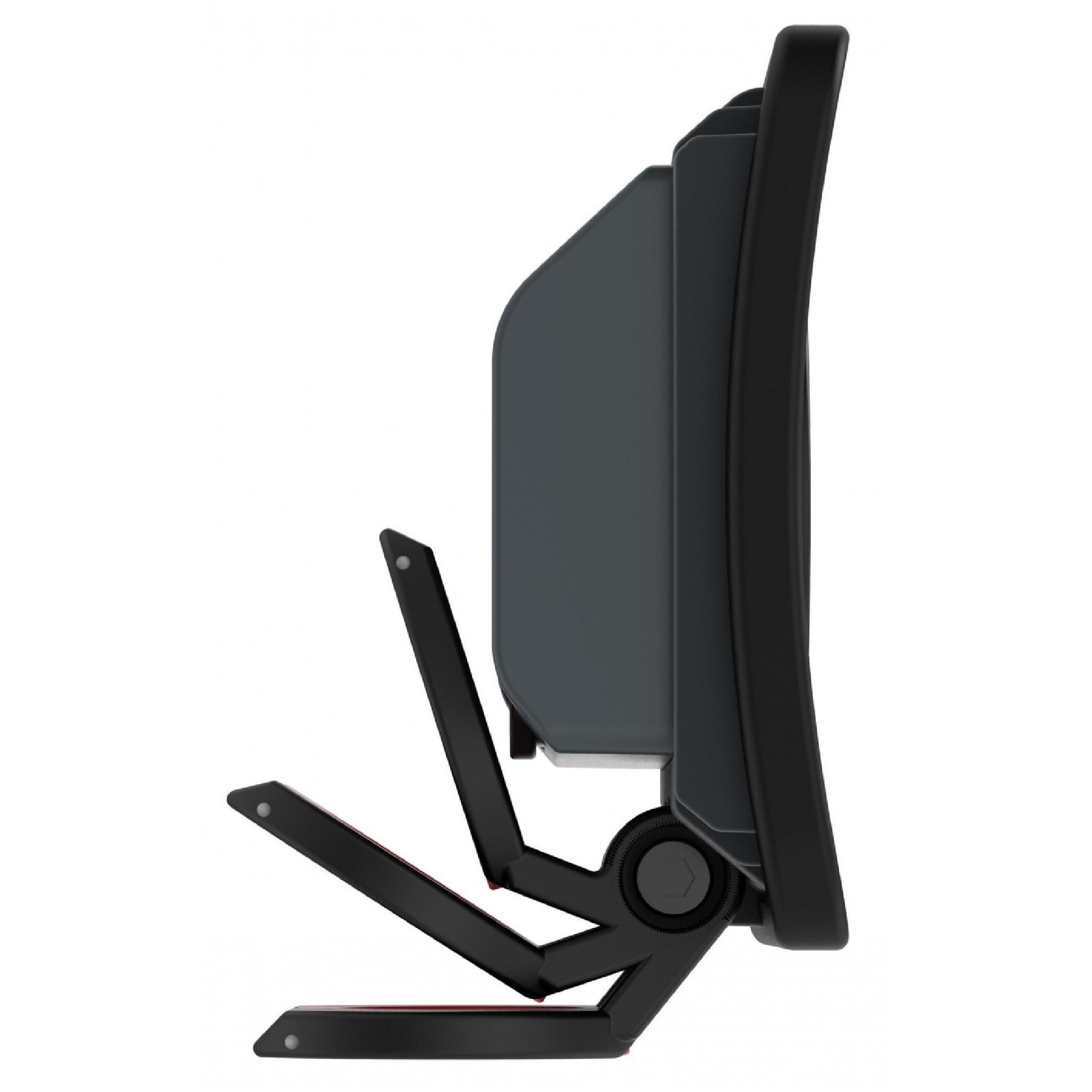 Seitenansicht eines modernen Stuhls mit stabilen, schwarz lackierten Beinen. Der Stuhl hat eine ergonomische Rückenlehne und eine geschwungene Form, die den Komfort unterstützt. Die Rückseite ist in dunklem Grau gehalten, was einen eleganten Look vermittelt.