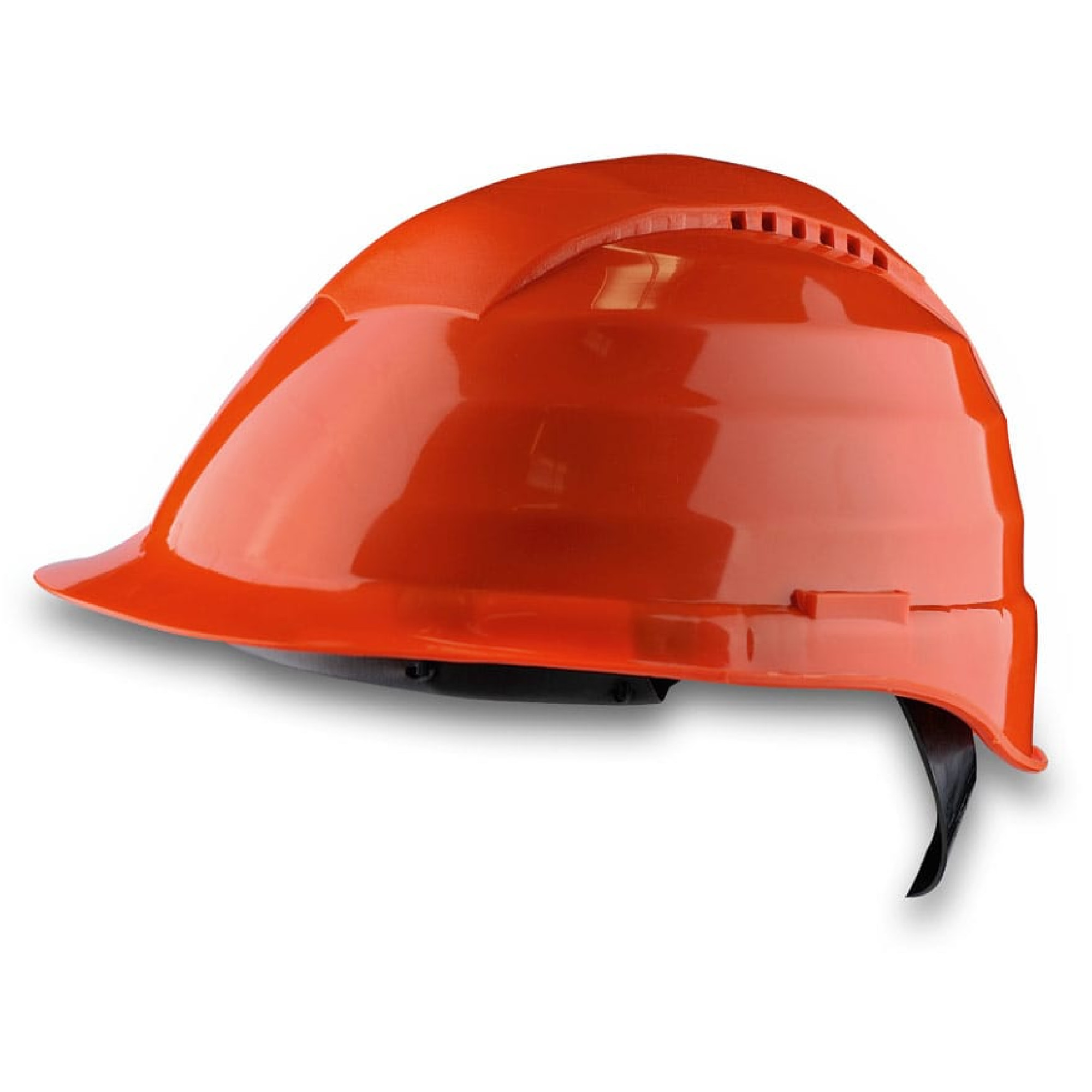Ein leuchtend orangefarbener Sicherheitshelm, der seitlich dargestellt ist. Der Helm hat eine glatte Oberfläche und eine kleine Lüftungsschlitze. Er ist typischerweise für den Einsatz im Bauwesen oder in gefährlichen Arbeitsumgebungen konzipiert, um den Kopf zu schützen.