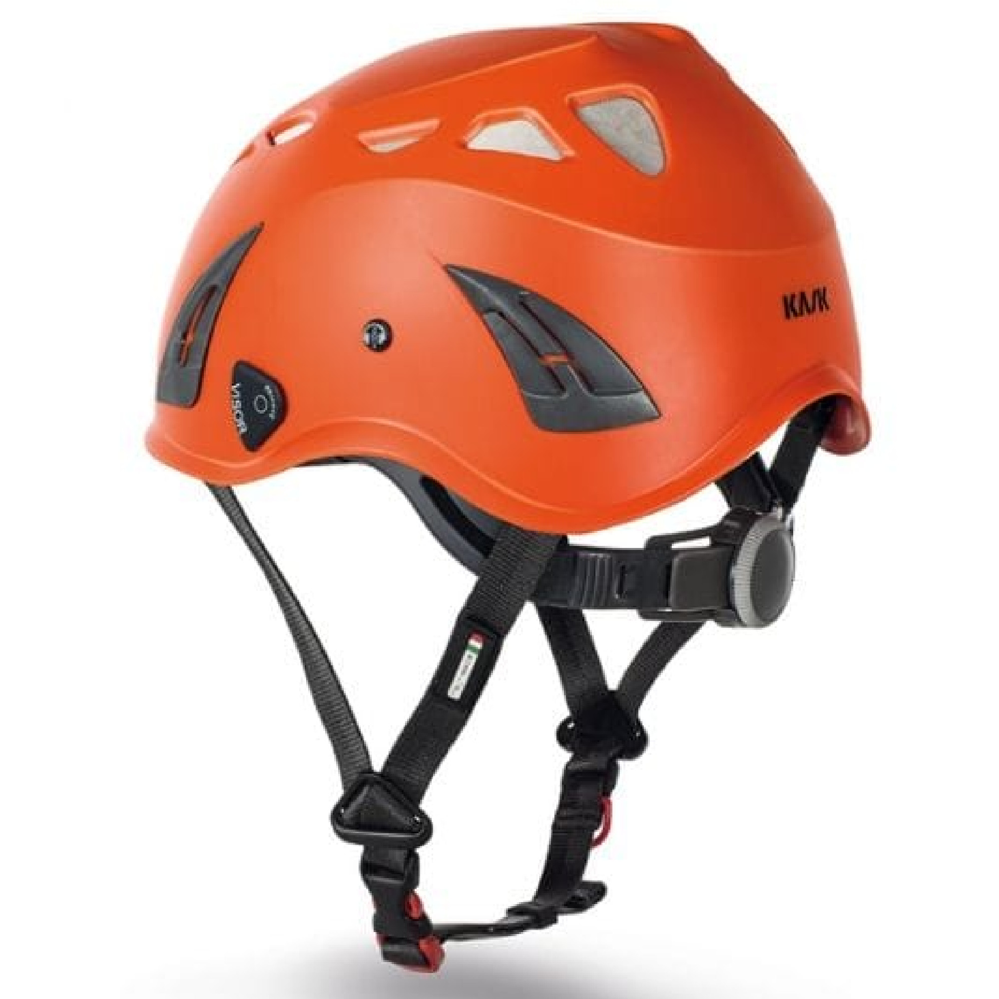 Ein orangefarbener Helm, der für Kletter- oder Bergsportaktivitäten entwickelt wurde. Er hat Belüftungsöffnungen und ein verstellbares Kinnband, um einen sicheren Sitz zu gewährleisten. Der Helm weist eine moderne, ergonomische Form auf und bietet Schutz für den Kopf.