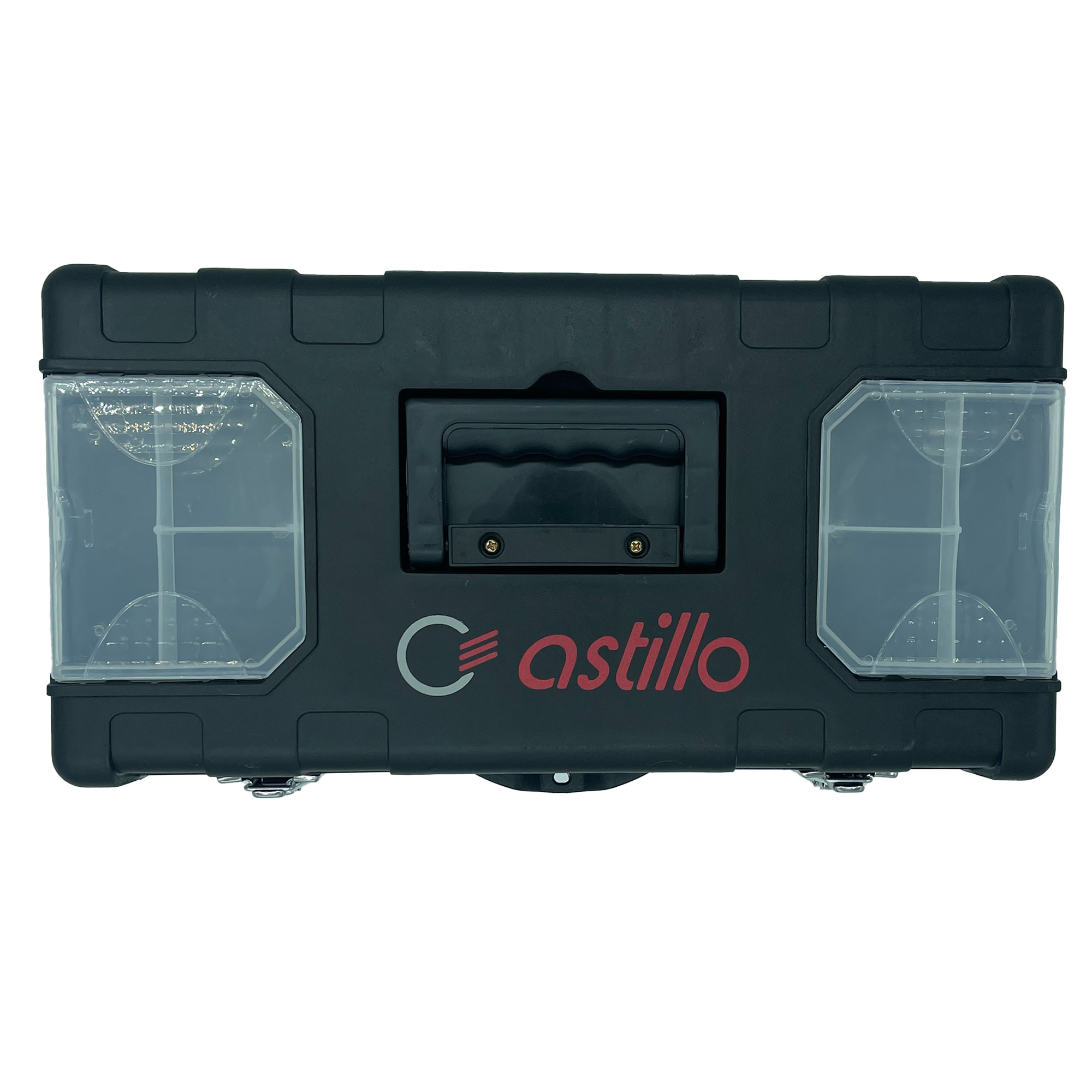 Eine schwarze Werkzeugkiste mit einem Griff und transparenten Fächern auf beiden Seiten. Auf der Vorderseite befindet sich das Logo "astillo" in rot und grau. Die Kiste ist robust und eignet sich zur Aufbewahrung von Werkzeugen oder Ausrüstung.