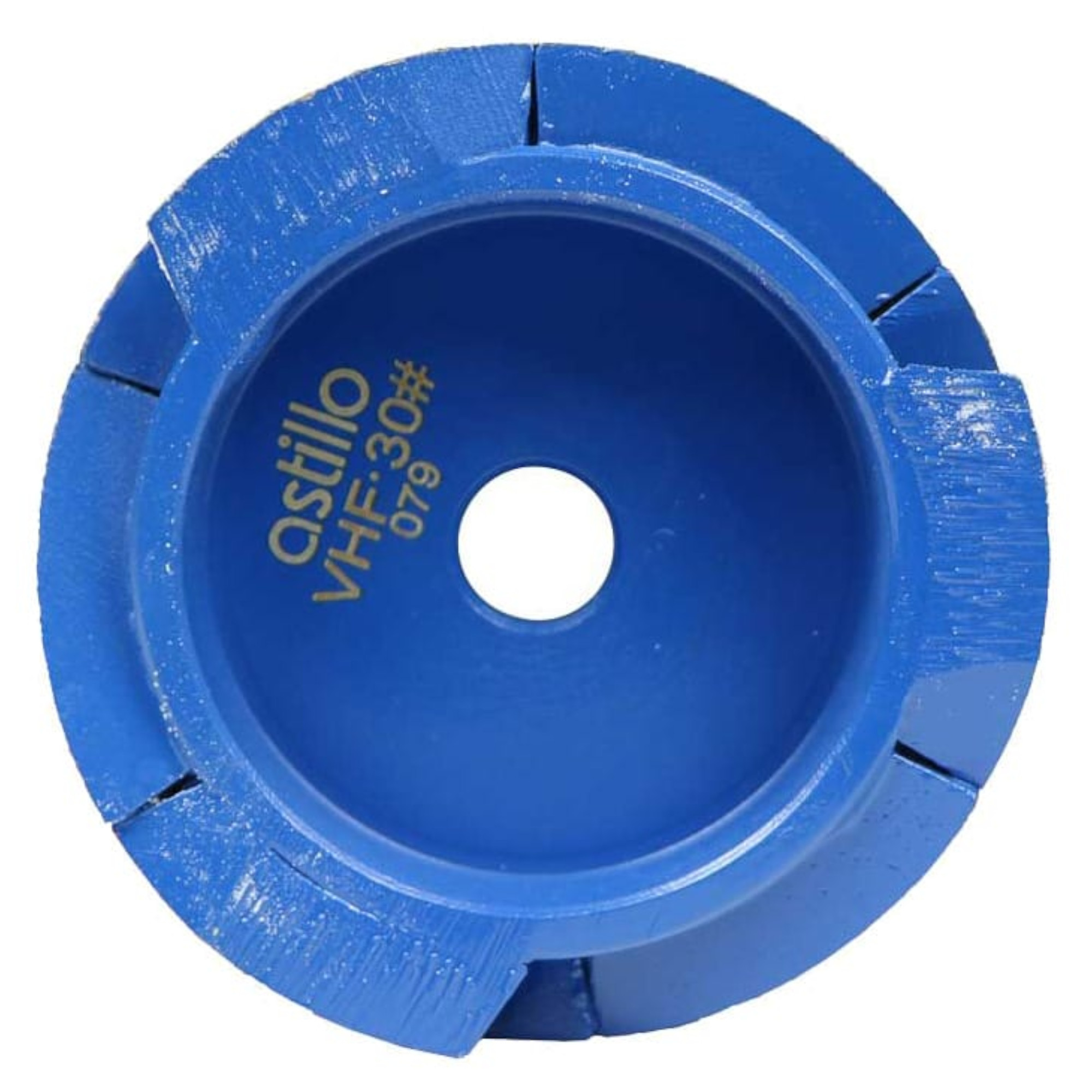 Runde blaue Fräse mit einem zentralen Loch und mehreren Schnittkanten. Auf der Oberfläche steht der Schriftzug "astillo VHF-30# 079". Die Fräse hat eine gleichmäßige, glatte Textur.