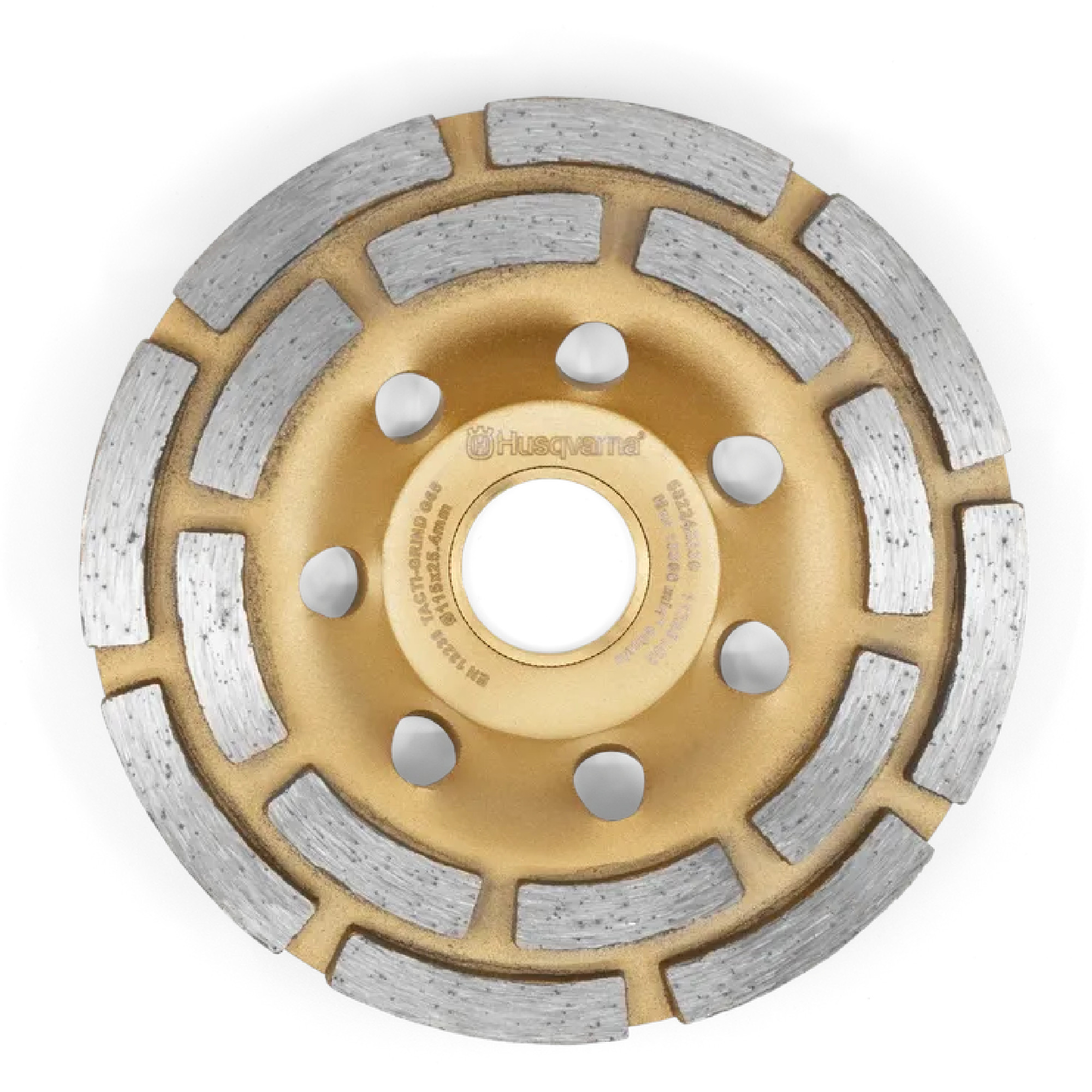 Zentralelement der Abbildung ist eine diamantbeschichtete Trennscheibe. Die Scheibe hat eine goldene Grundfarbe und silberne Zähne. In der Mitte befindet sich ein Loch zur Befestigung. Sie wird häufig zum Schneiden von harten Materialien wie Beton verwendet.