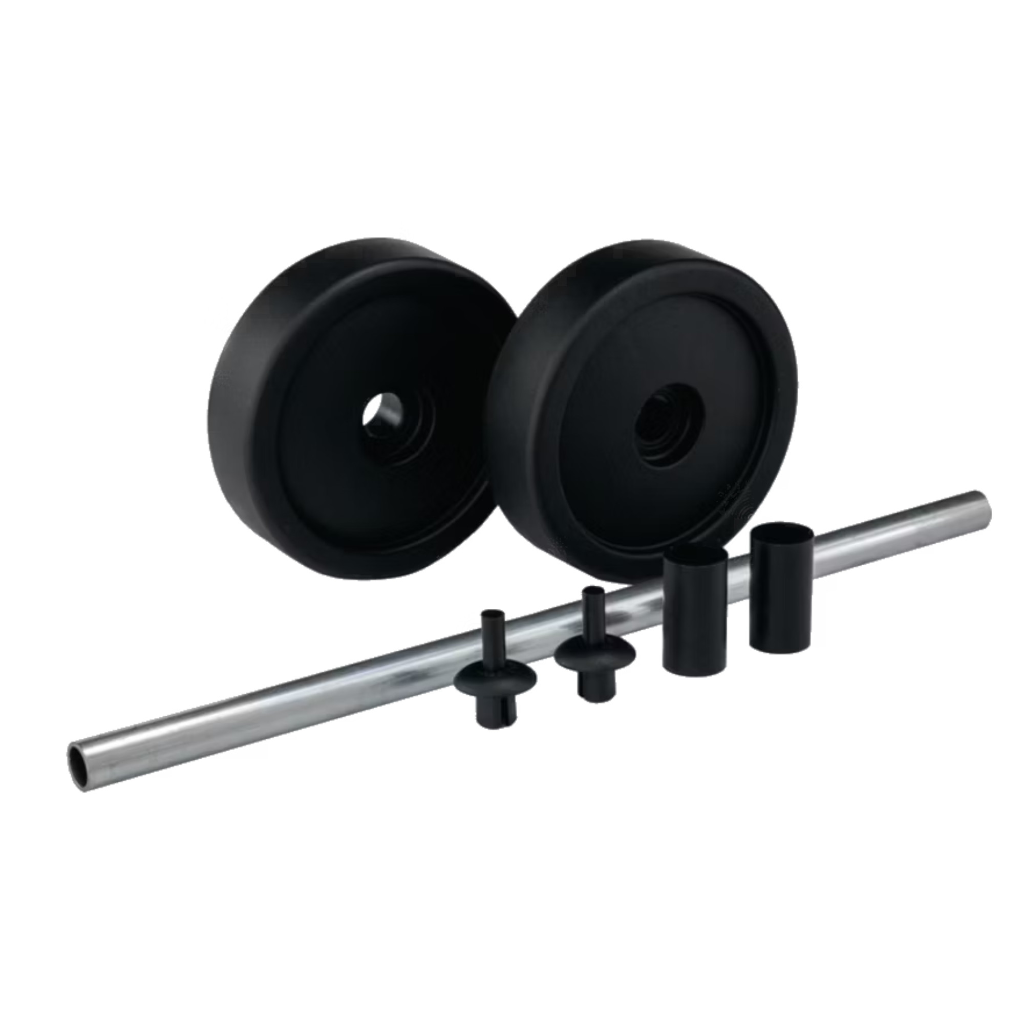 Ein Set, bestehend aus zwei schwarzen Gewichten in Form von Runden mit zentralem Loch und einem langen, silbernen Stange. Zusätzlich sind mehrere kleine, schwarze Verbindungsstücke zu sehen, die zur Befestigung oder Anpassung dienen.