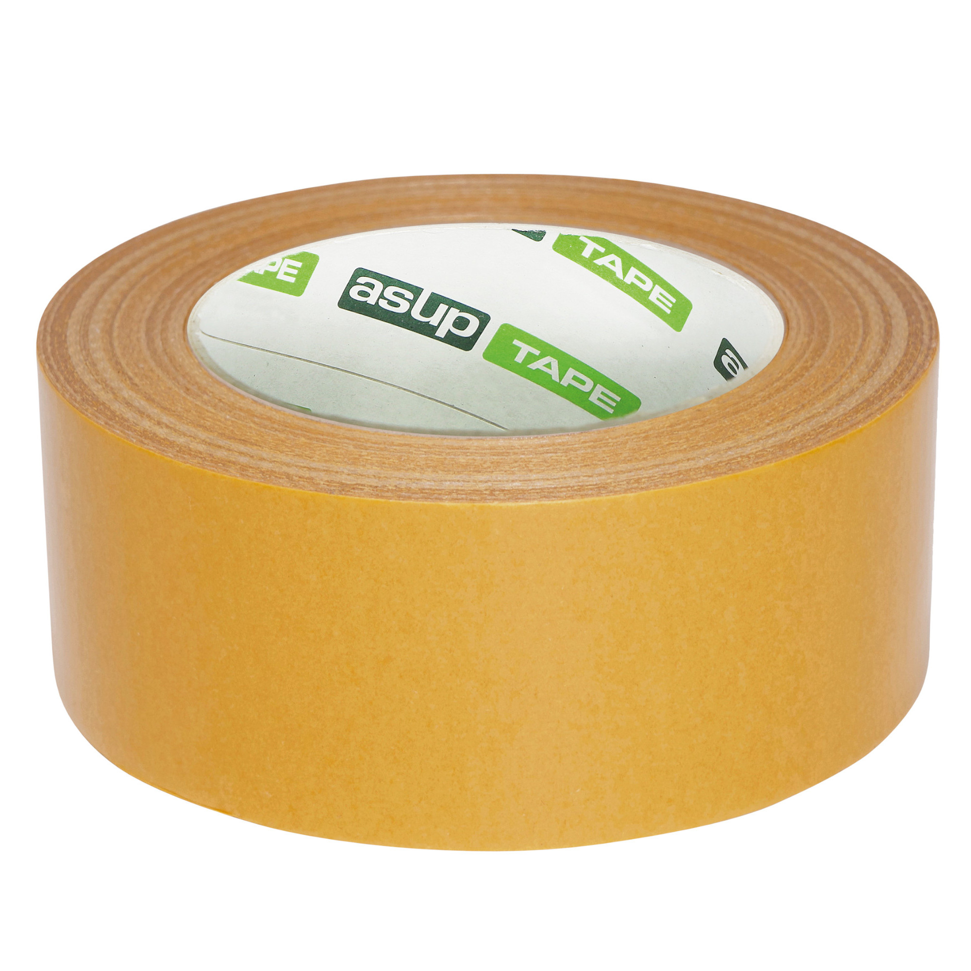 Eine Rolle gelbes Klebeband, auf einer Seite leicht glänzend, mit einem zentralen Loch, das den inneren Kern zeigt. Die Aufschrift im Inneren enthält das Wort „Tape“ in grün auf weißem Hintergrund.