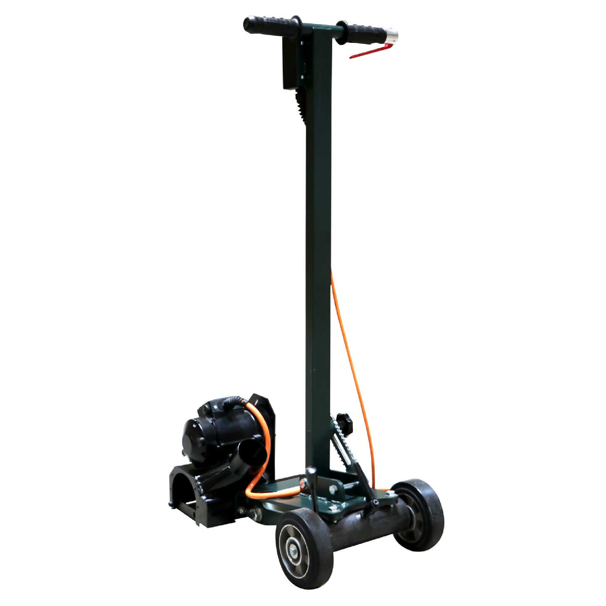 Ein elektrischer Trolley mit zwei großen Rädern und einem hochstehenden Griff. Am unteren Teil befindet sich ein Motor, verbunden mit einem Kabel. Der Trolley ist in dunkler Farbe gehalten und eignet sich für den Transport oder die Unterstützung beim Bewegen schwerer Lasten.