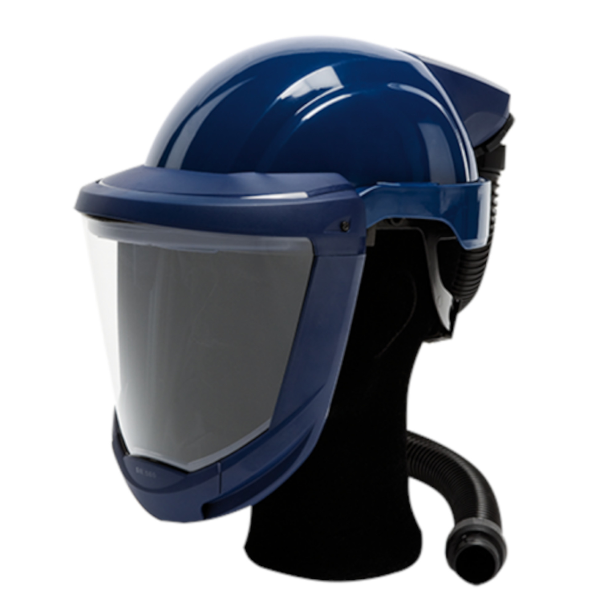 Ein blauer Schutzhelm mit visierartigem Gesichtsschutz und einem Schlauch zur Luftversorgung. Der Helm ist auf einem schwarzen Kopfmodell platziert und eignet sich für den Einsatz in gefährlichen Umgebungen, um den Träger vor Gefahren zu schützen.