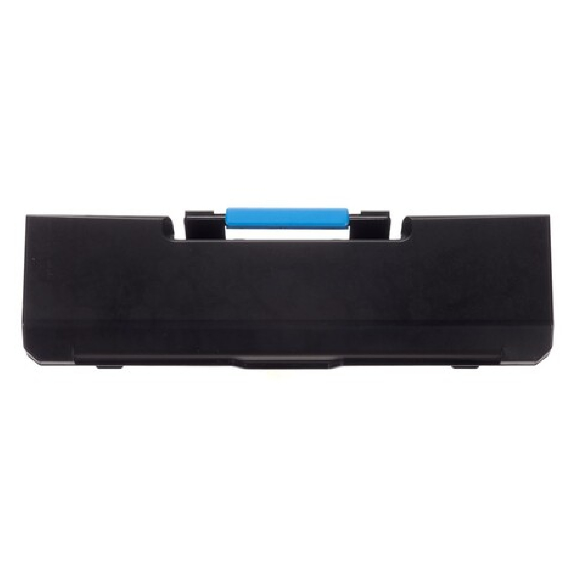 Eine schwarze Werkzeugbox mit einem blauen Griff oben. Die Box hat eine flache Form und ist geschlossen, wodurch sie gut für die Aufbewahrung von Werkzeugen geeignet ist.