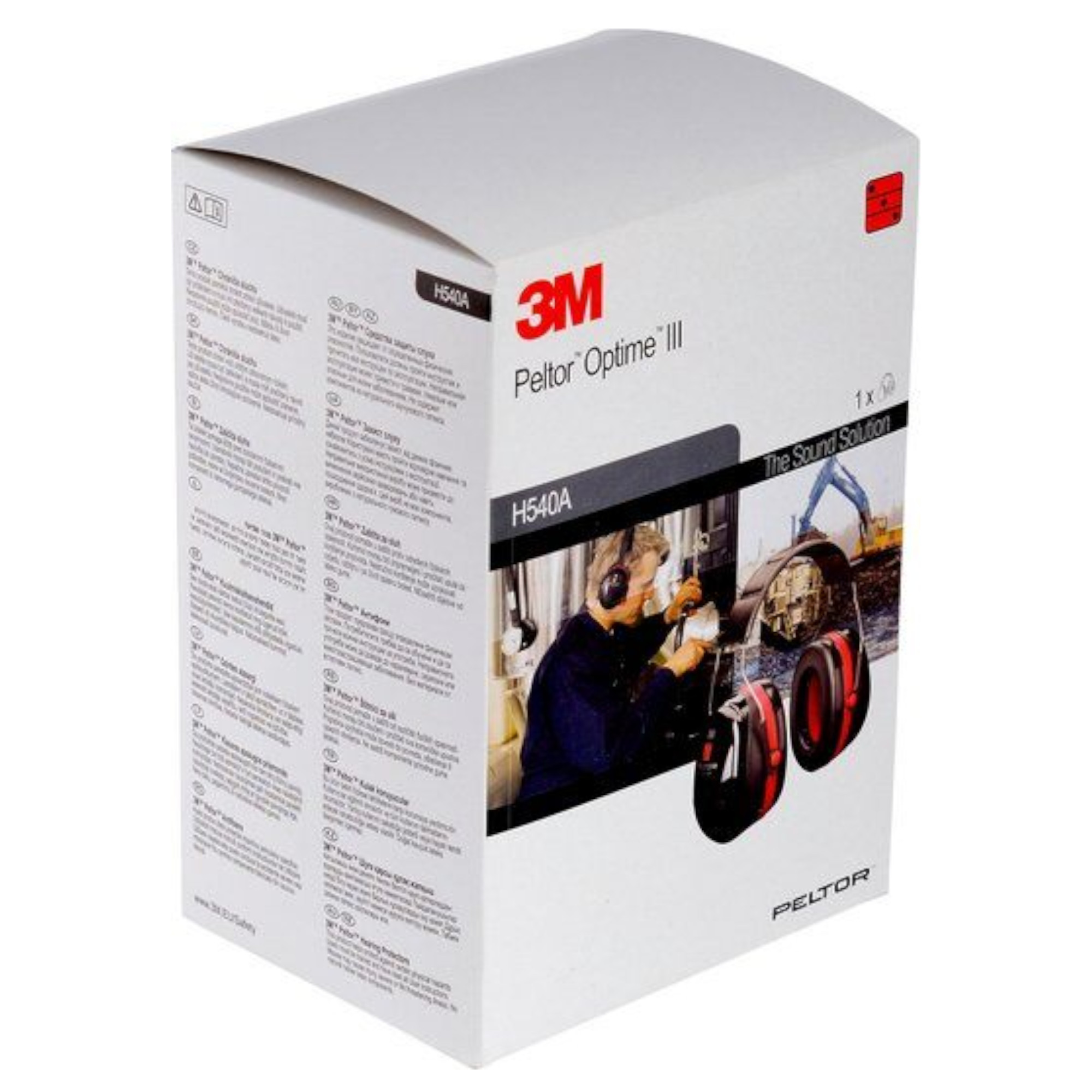 Verpackung der 3M Peltor Optime III Ohrenschützer. Auf der Vorderseite ist ein Bild eines Mannes mit Ohrenschützern zu sehen, der in einer industriellen Umgebung arbeitet. Die Verpackung enthält auch technische Informationen und Produktdetails.