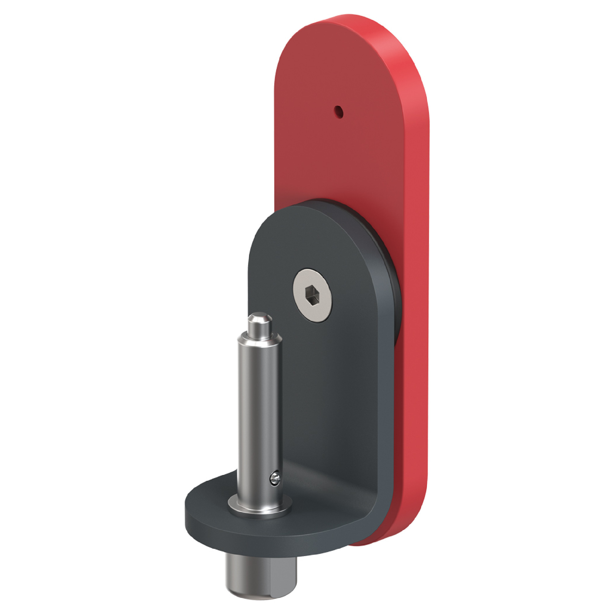 Die Abbildung zeigt ein mechanisches Bauteil mit einer rot gefärbten Rückplatte und einem grauen Hauptkörper. An der Unterseite befindet sich ein zylindrischer Anschluss. Das Bauteil hat eine Öffnung für eine Schraube und ist zur Befestigung oder Montage gedacht.