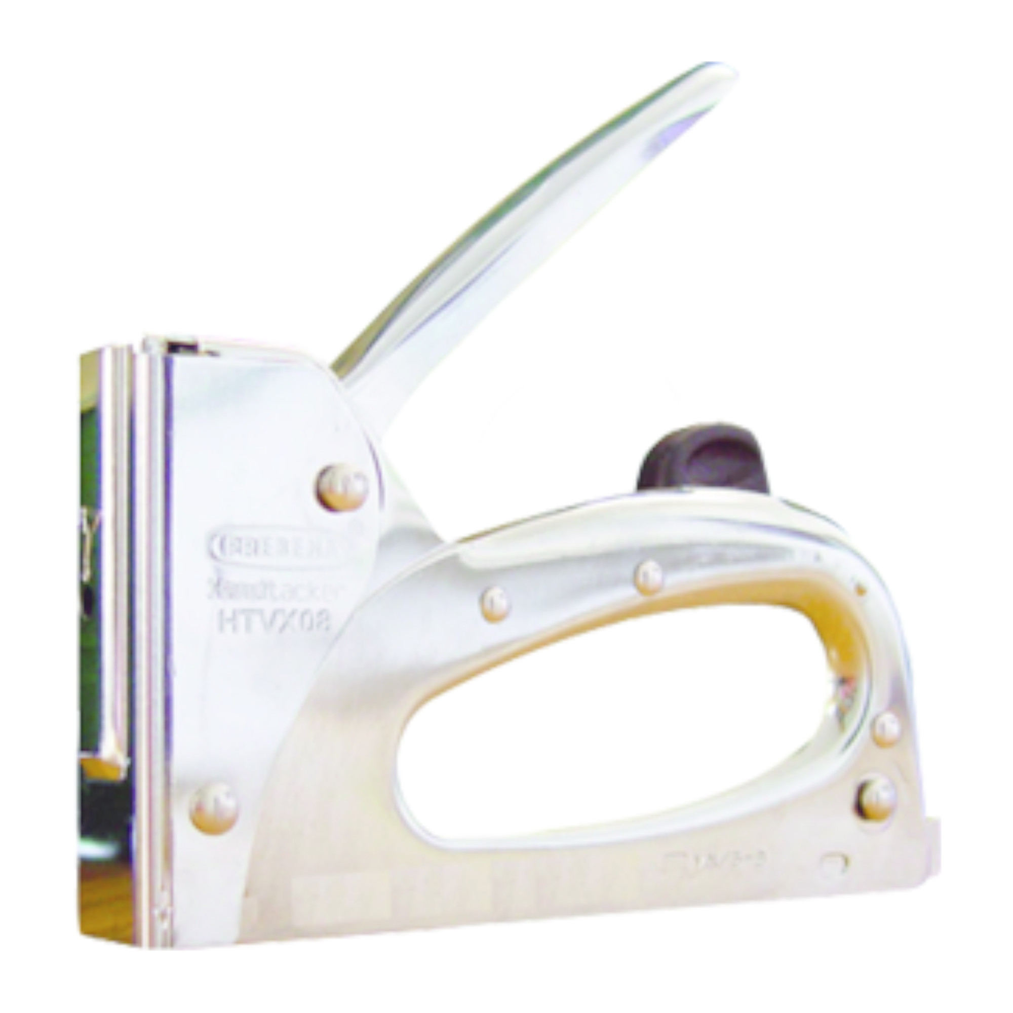 Ein stabiler, silberner Tacker mit einem ergonomischen Griff und einem großen Hebel. Der Tacker wird häufig zum Heften von Papier verwendet und hat eine kompakte, funktionale Form.