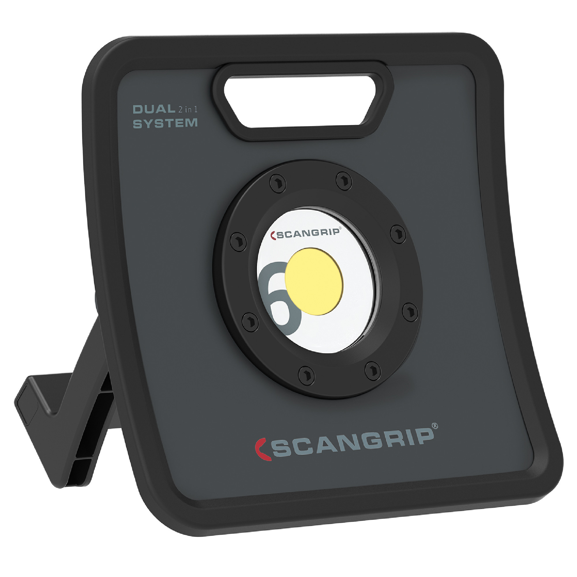 Quadratischer Scangrip LED-Baustrahler mit Tragegriff und „Dual 2 in 1 System“-Schriftzug, freigestellt auf weißem Hintergrund.