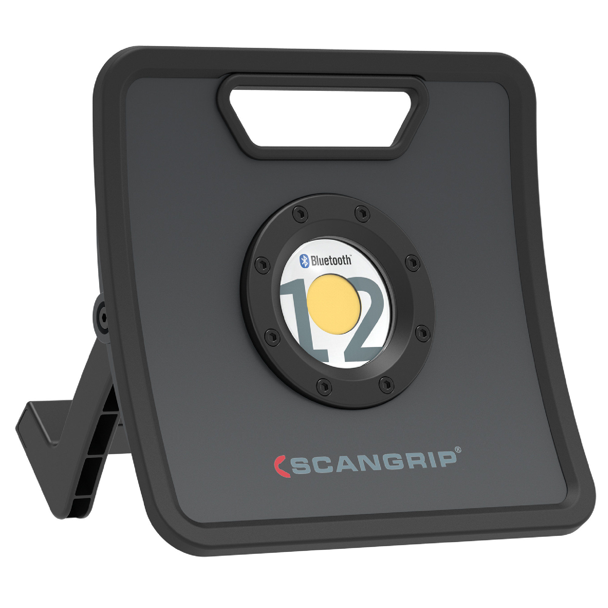 Ein tragbares LED-Arbeitslicht in schwarzem Design mit einem Handgriff. Es hat eine runde Lichtfläche in der Mitte, die mit Zahlen und dem Bluetooth-Symbol versehen ist. Das Licht ist klappbar und für verschiedene Arbeitsumgebungen geeignet.