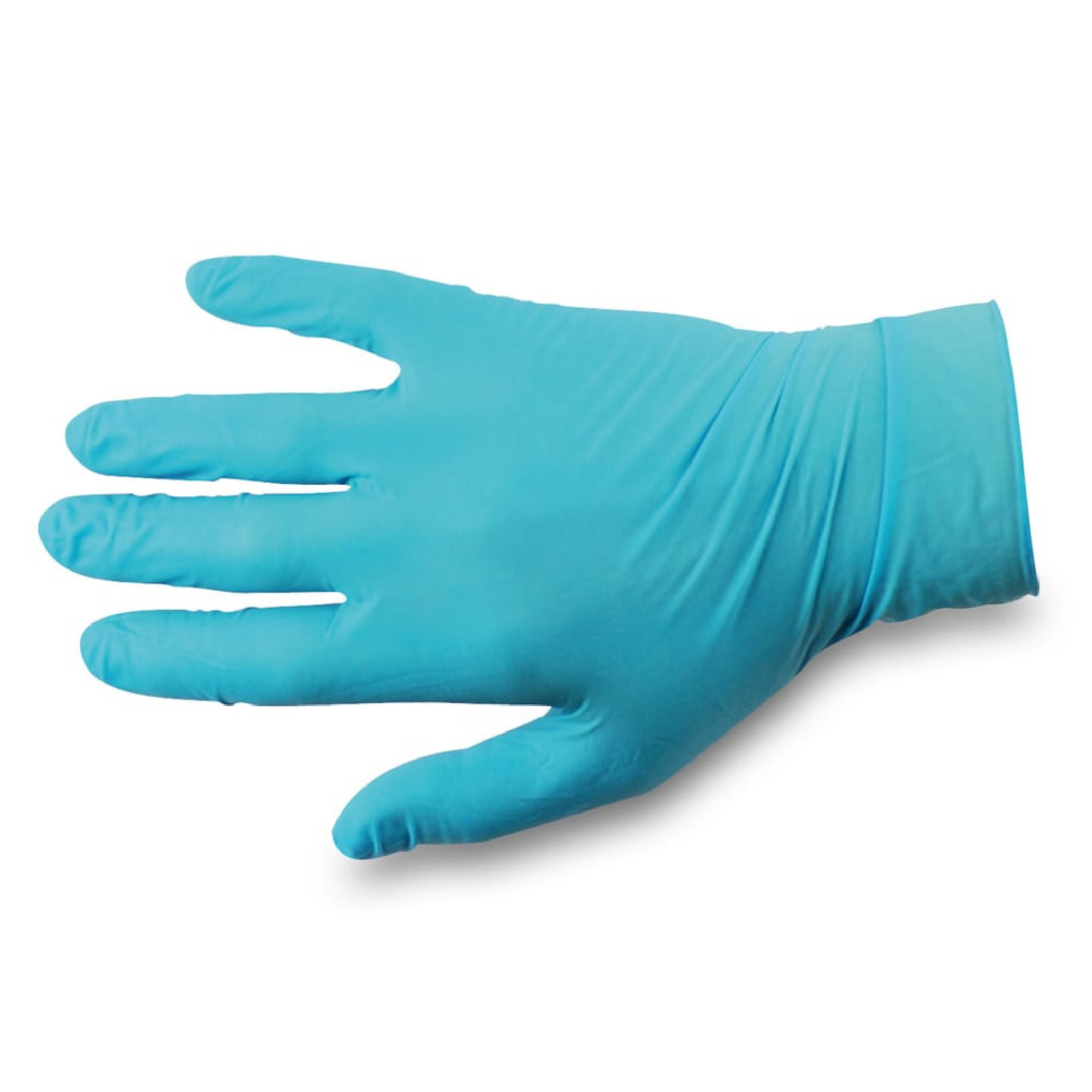 Ein blauer Einweghandschuh liegt flach auf einer weißen Oberfläche. Die Handform ist deutlich erkennbar, mit ausgefächerten Fingern und einem handschuhähnlichen Design. Der Fokus liegt auf der geschlossenen Hand, die bereit ist, einfach und hygienisch verwendet zu werden.
