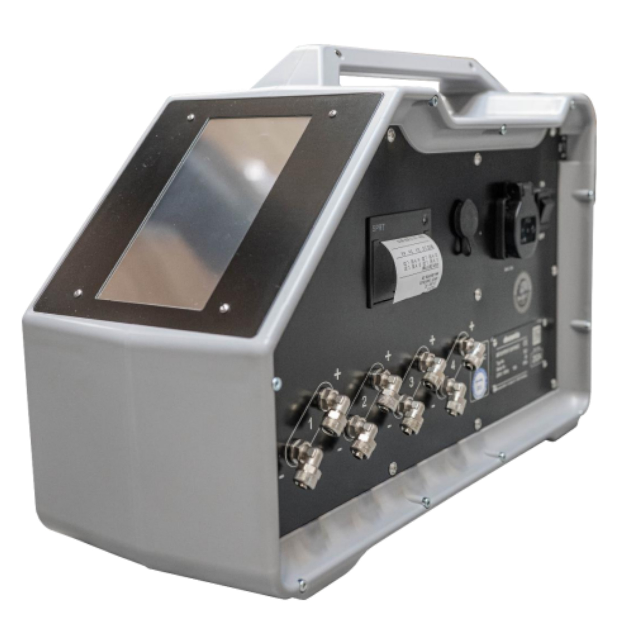 Ein technisches Gerät mit einem rechteckigen Display und mehreren Anschlüssen auf der Rückseite. Die Maschine hat einen grauen Korpus und scheint für industrielle Anwendungen konzipiert zu sein. Sie verfügt über Funktionen zur Stromversorgung und Anschlussmöglichkeiten.
