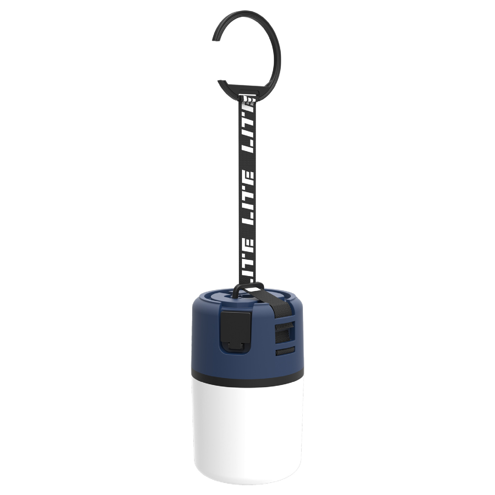 Die Abbildung zeigt eine tragbare Lampe in zwei Farbtönen, Blau oben und Weiß unten, mit einem Haken zum Aufhängen. Die Lampe hat einen Griff und eine einfache Bedienoberfläche. Sie ist für den Einsatz im Freien oder bei Aktivitäten wie Campen konzipiert.