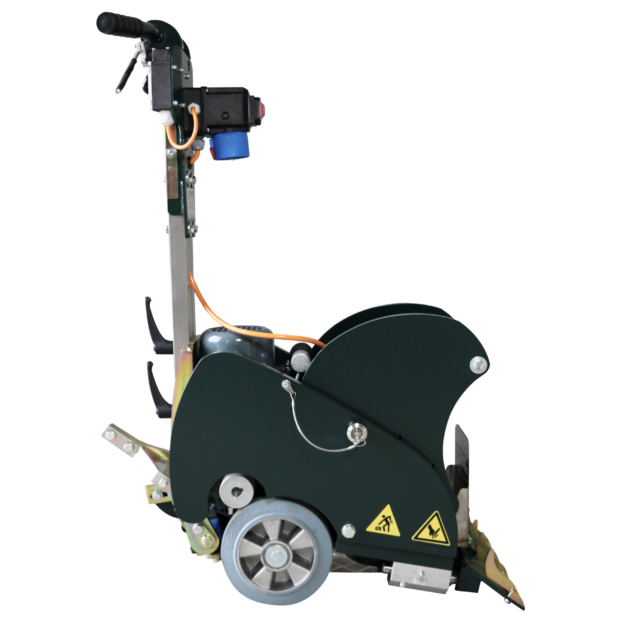 Eine kleine, grüne Fahrmaschine mit einem ergonomischen Griff und einem Elektromotor. Die Maschine hat große Rollräder und eine scharfe Schneidevorrichtung vorne. Warnsymbole sind sichtbar, was auf die Nutzung als Werkzeug hinweist.