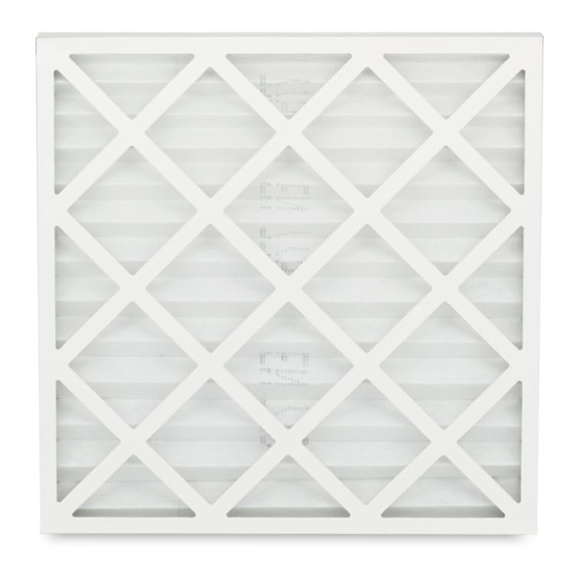 Ein rechteckiger Luftfilter mit einem Gittermuster aus weißen Linien, das diagonale Rauten bildet. Der Filter hat mehrere waagerechte Lamellen und ist in einer neutralen Farbe gehalten. Er wird häufig in Klimaanlagen oder Luftreinigern verwendet.
