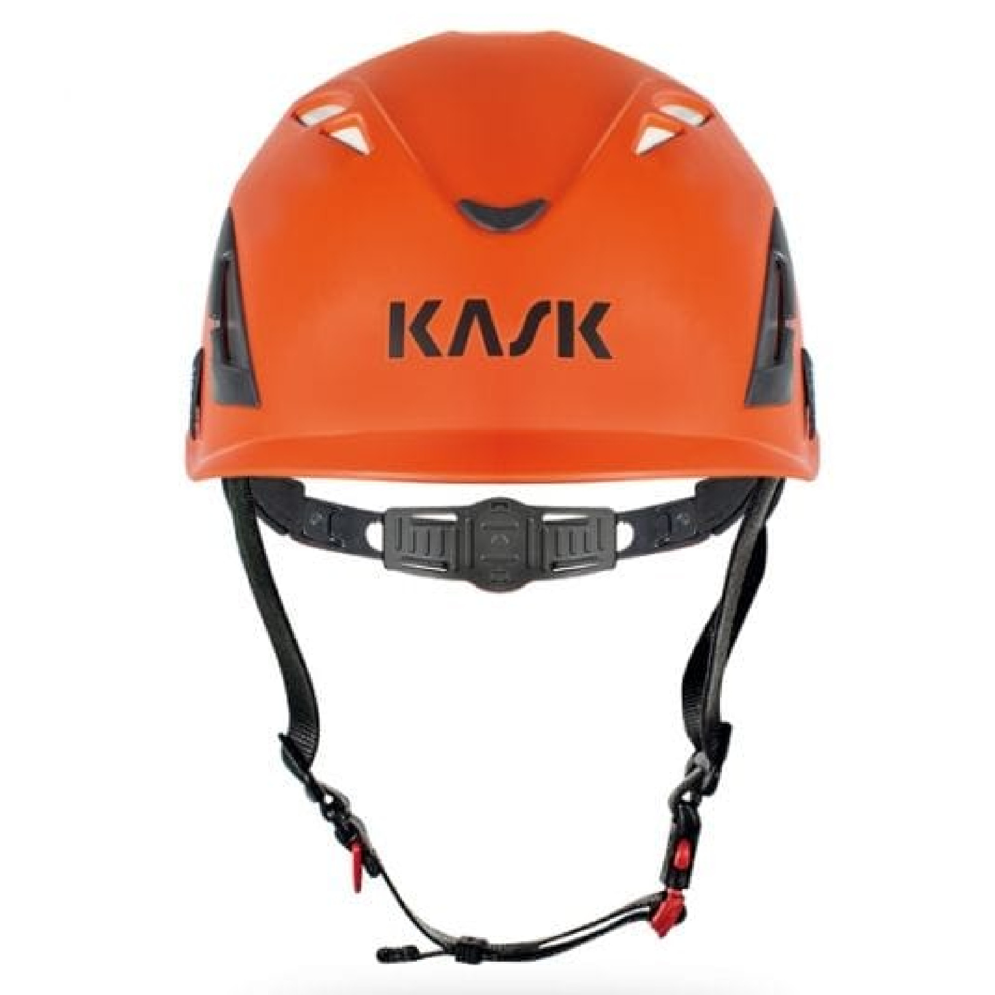 Ein orangefarbener Sicherheitsschutzhelm handelt von der Marke KASK. Der Helm hat seitliche Belüftungsöffnungen und ein verstellbares Riemensystem, um eine sichere Anpassung zu gewährleisten. Er ist für den Einsatz in gefährlichen Umgebungen konzipiert, um den Kopf zu schützen.
