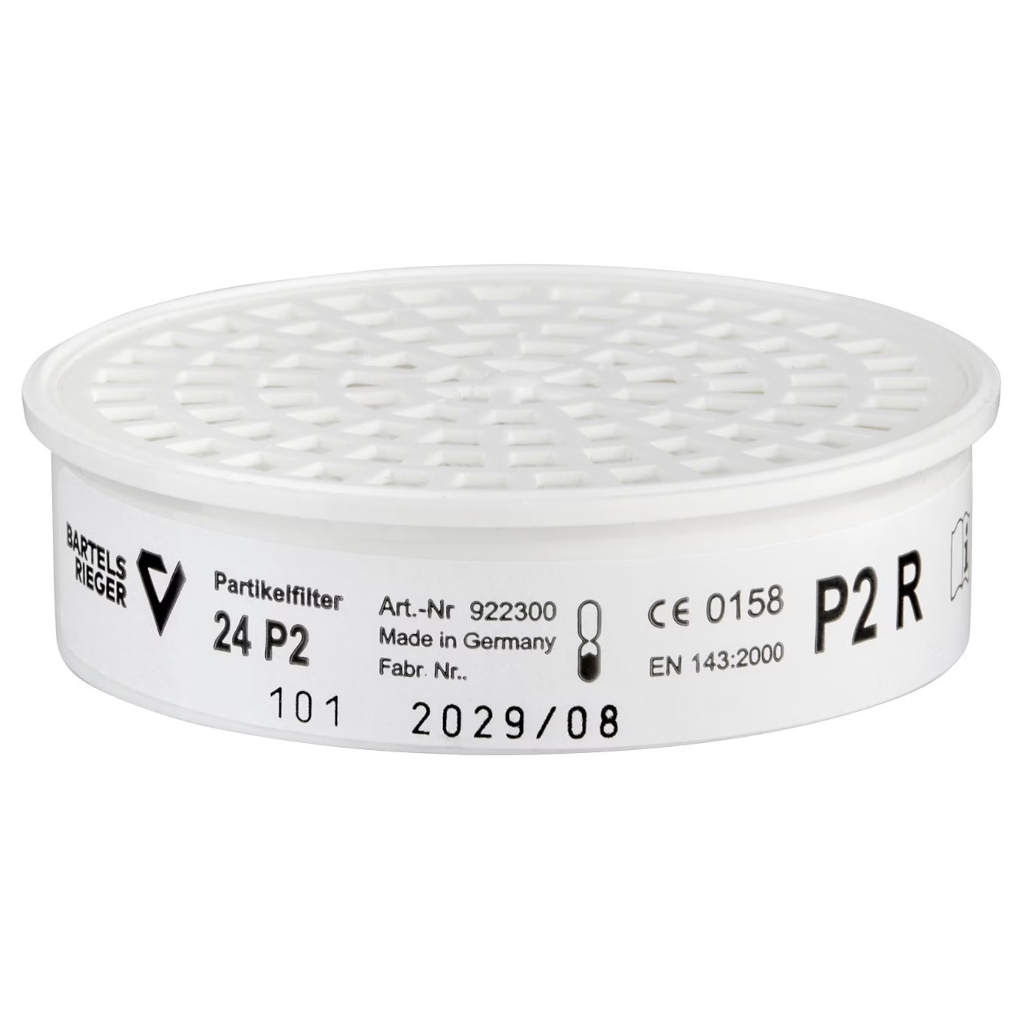 Ein runder Partikelfilter der Marke Bartels Rieger. Der Filter ist weiß und trägt die Bezeichnung „24 P2“, sowie die Artikelnummer „922300“. Er ist zur Verwendung in Atemschutzmasken gedacht und erfüllt die europäischen Sicherheitsstandards.