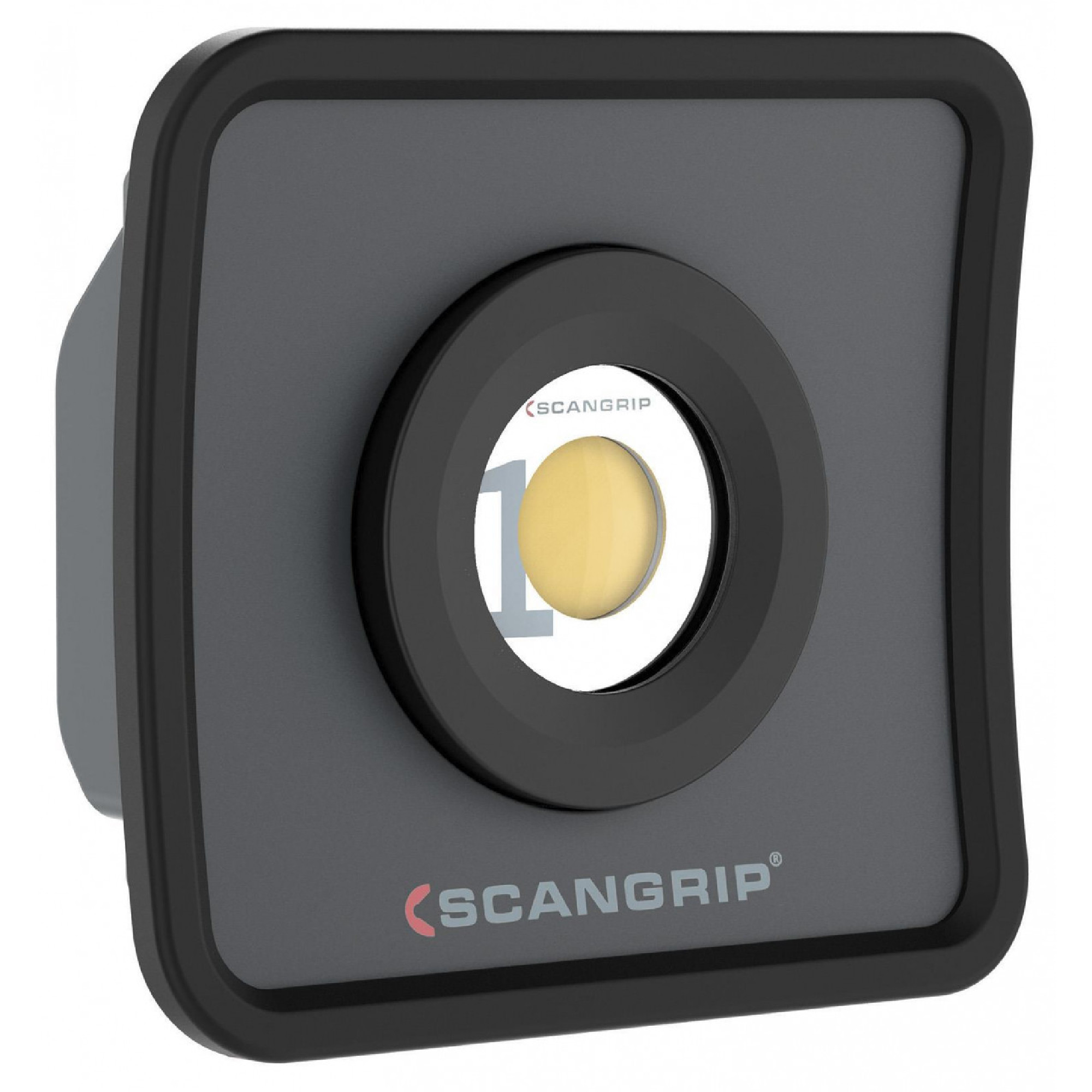 Das Bild zeigt eine quadratische, graue LED-Arbeitslampe von SCANGRIP. In der Mitte befindet sich ein runder Lichtausschnitt mit einer gelben LED. Die Lampe ist für präzises und helles Arbeiten konzipiert, ideal für Handwerksprojekte und industrielle Anwendungen.