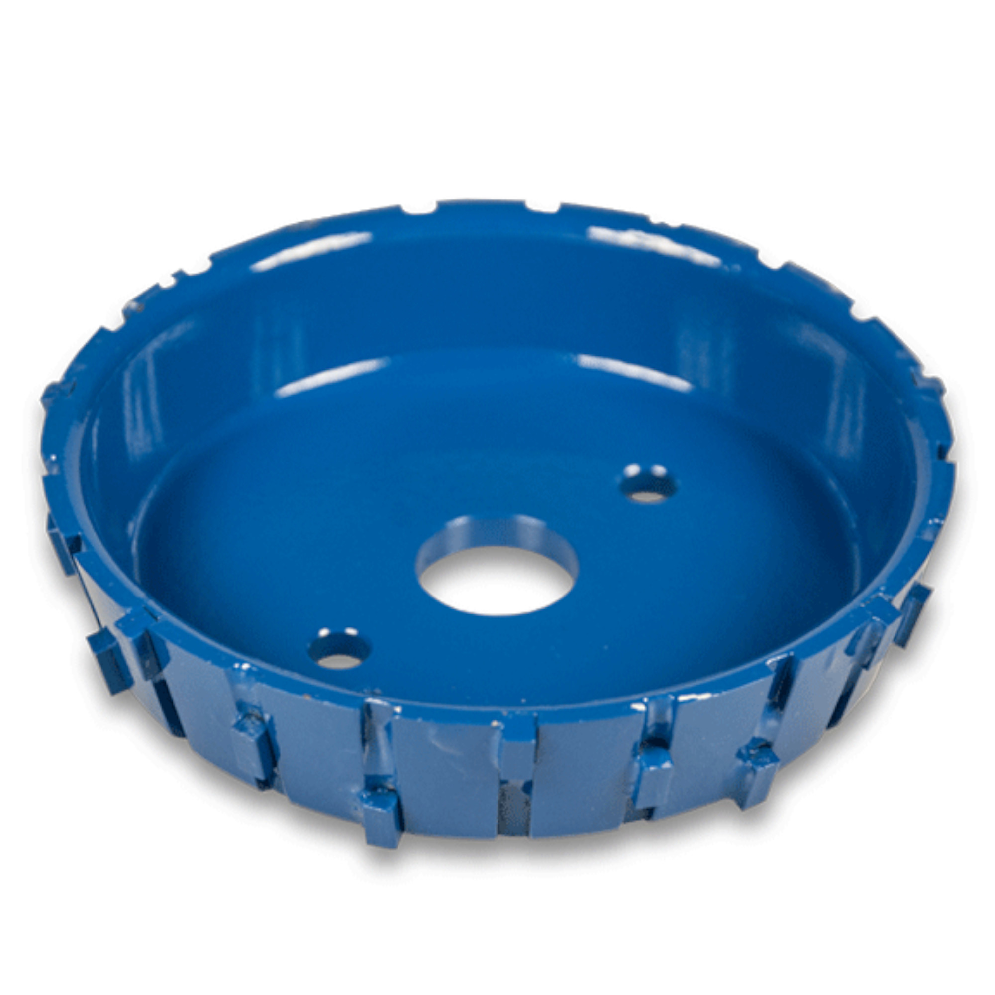 Eine blaue, runde Frässchneidscheibe mit einer Öffnung in der Mitte. Der Rand ist mit mehreren hervorstehenden Zähnen ausgestattet, die für die Bearbeitung von Materialien genutzt werden können.