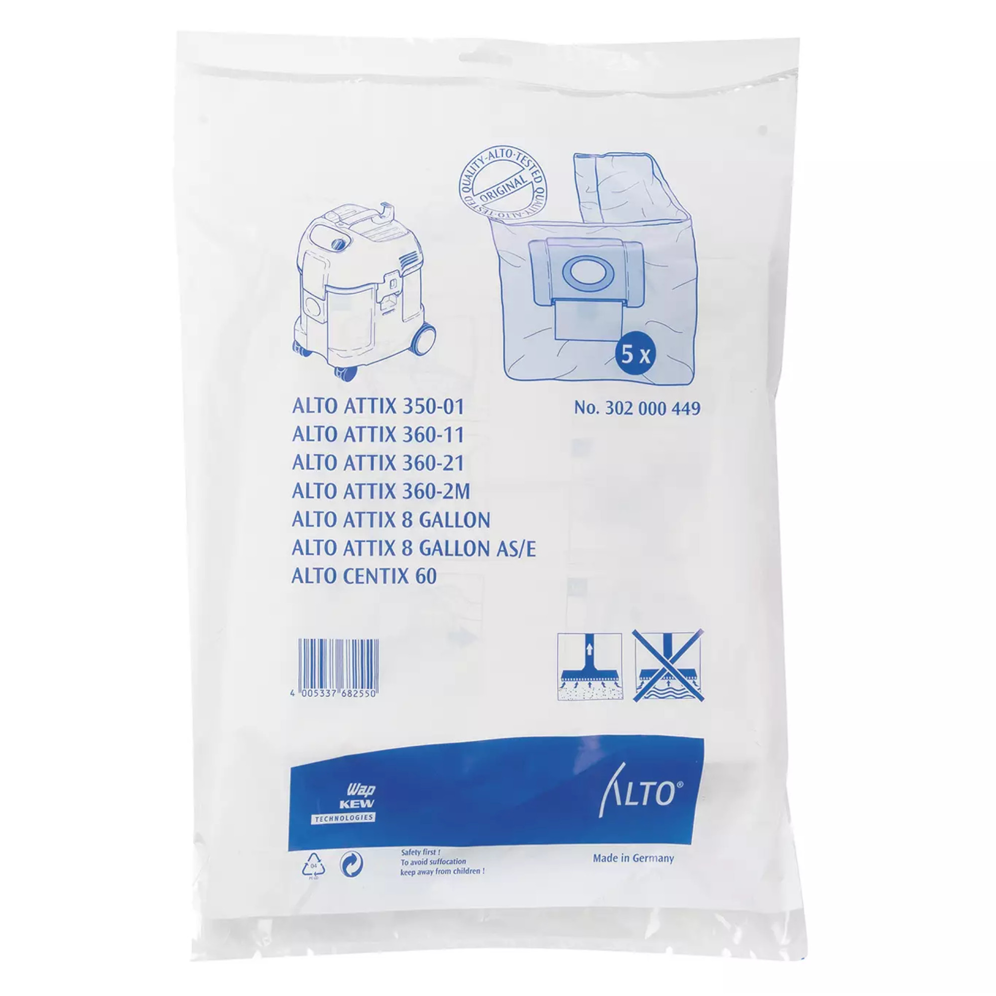 Die Verpackung enthält fünf Staubsaugerbeutel für Modelle der Marke ALTO, darunter ALTO ATTIX 350-01, 360-11 und 360-21. Auf der Vorderseite sind die Modellnummern und ein Hinweis auf die Anzahl der Beutel abgebildet. Hergestellt in Deutschland.