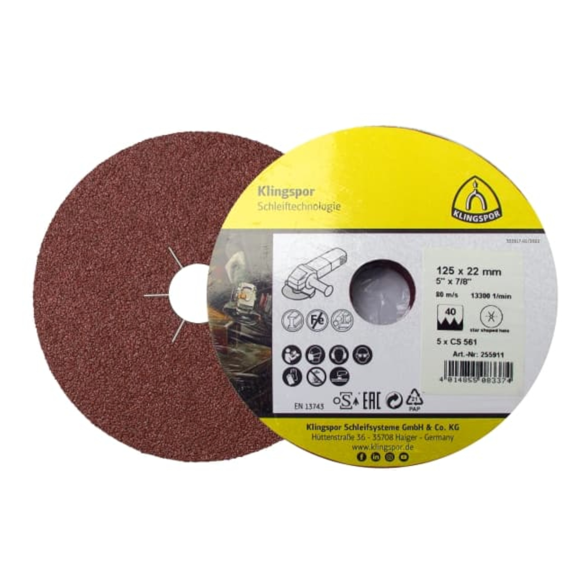 Braune Klingspor Fiberscheibe CS 561 mit passendem gelbem Deckblatt