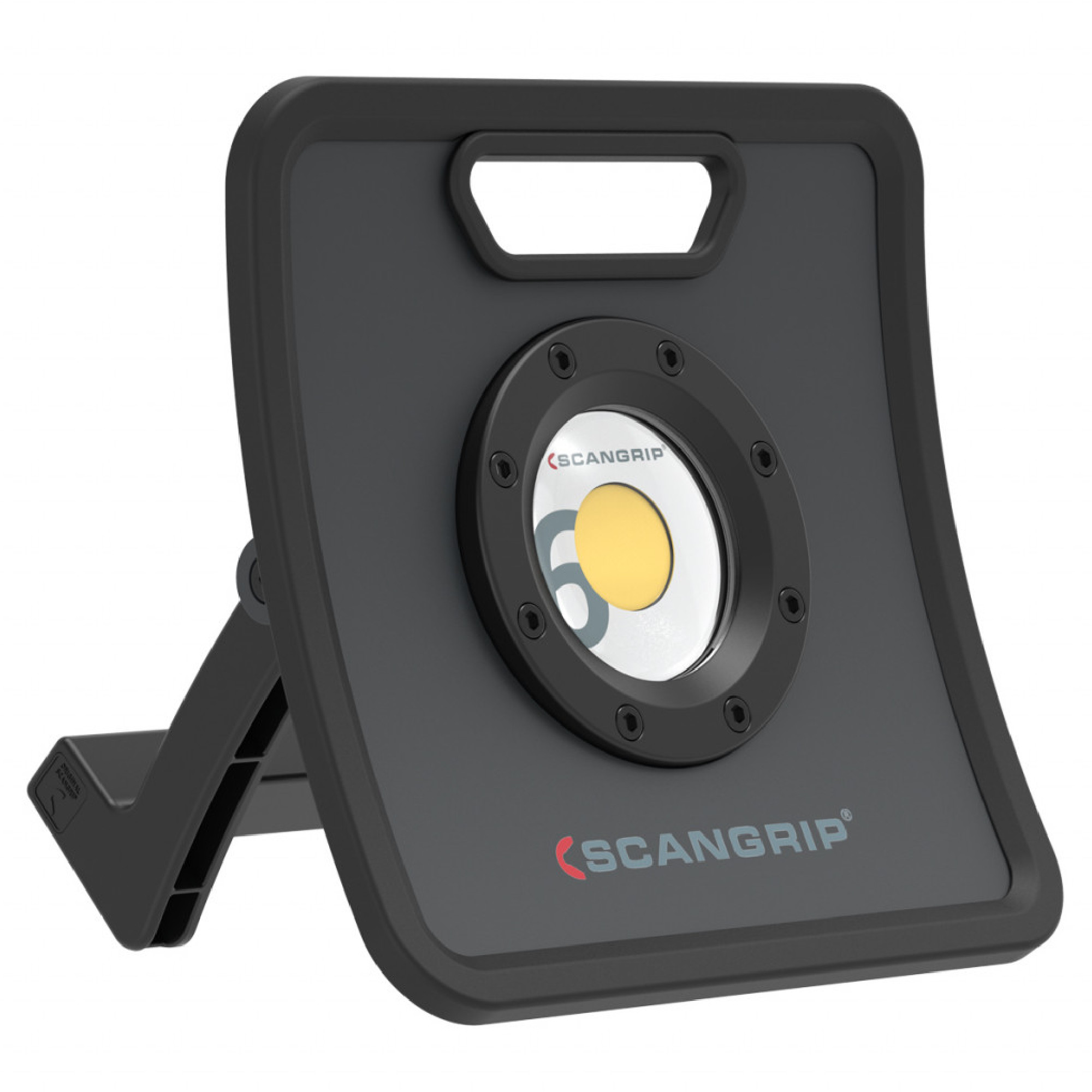 Ein tragbarer LED-Arbeitsstrahler mit einer stabilen Basis und einer Grifföffnung. Der Scheinwerfer hat eine runde Lichtquelle in der Mitte und ist für den Einsatz in Werkstätten oder bei Reparaturen konzipiert. Die Beschriftung zeigt das Logo "SCANGRIP".