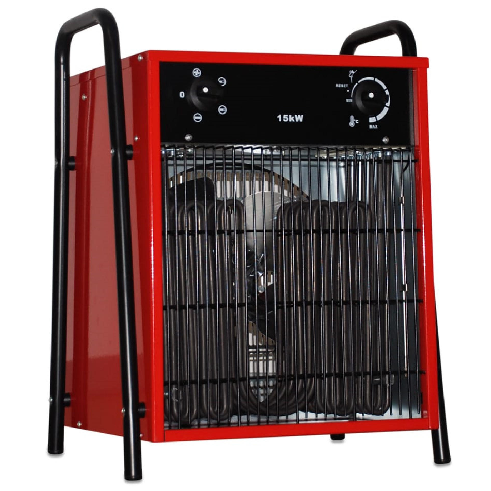 Rotan Heizlüfter mit einem Leistung von 15 kW. Die Vorderseite zeigt Bedienknöpfe zur Temperaturregelung und einen Netzschalter. Der Gitterverschluss schützt die Lüfter und Heizspiralen. Der Heizlüfter ist tragbar und eignet sich für die Beheizung von Werkstätten oder Bauflächen.