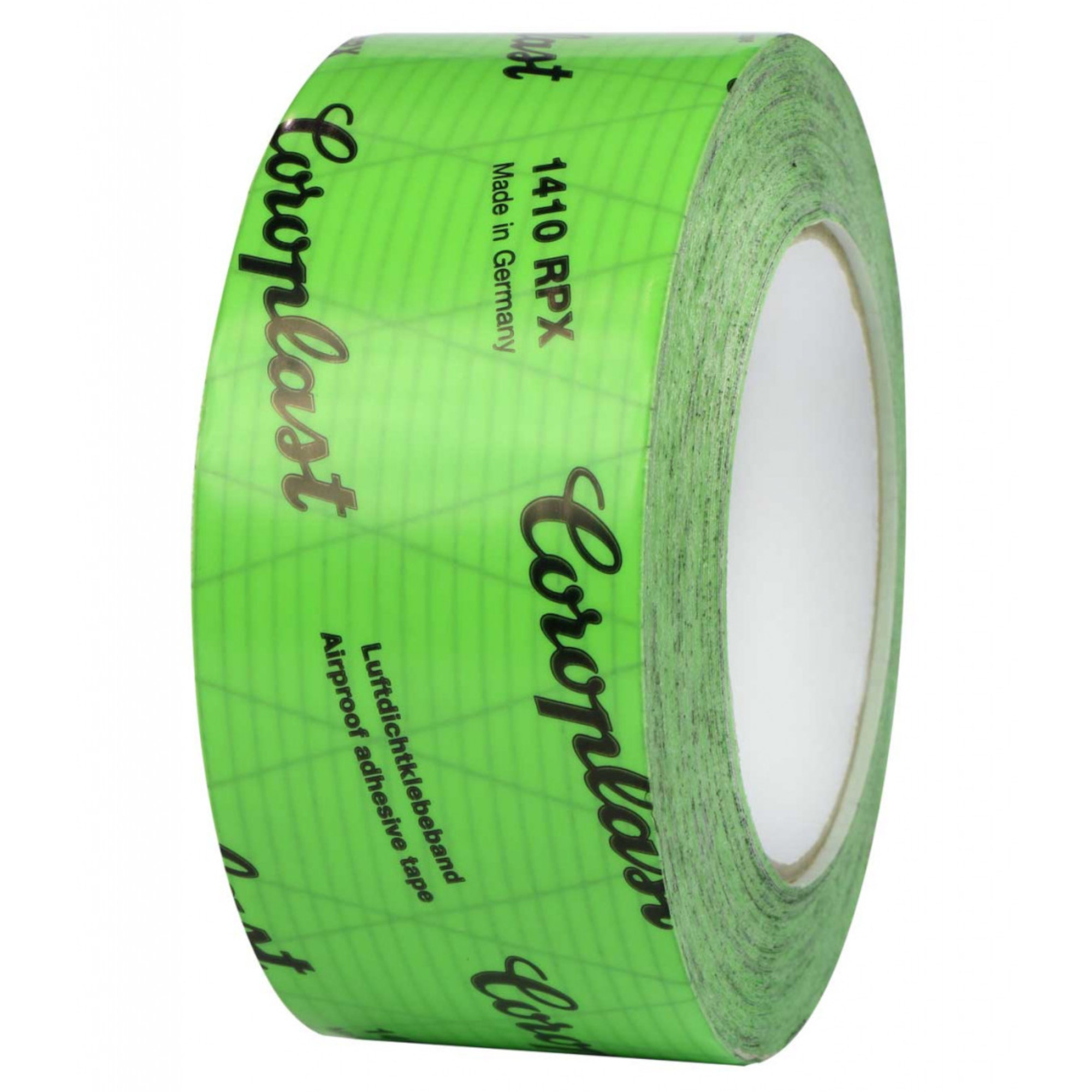 Ein Rollenband in leuchtendem Grün mit der Aufschrift „Coroplast“. Es handelt sich um ein wasserdichtes, selbstklebendes Tape, das für verschiedene Anwendungen geeignet ist. Der Kern des Bandes ist rotierend und zeigt eine abgerollte Spitzenkante.