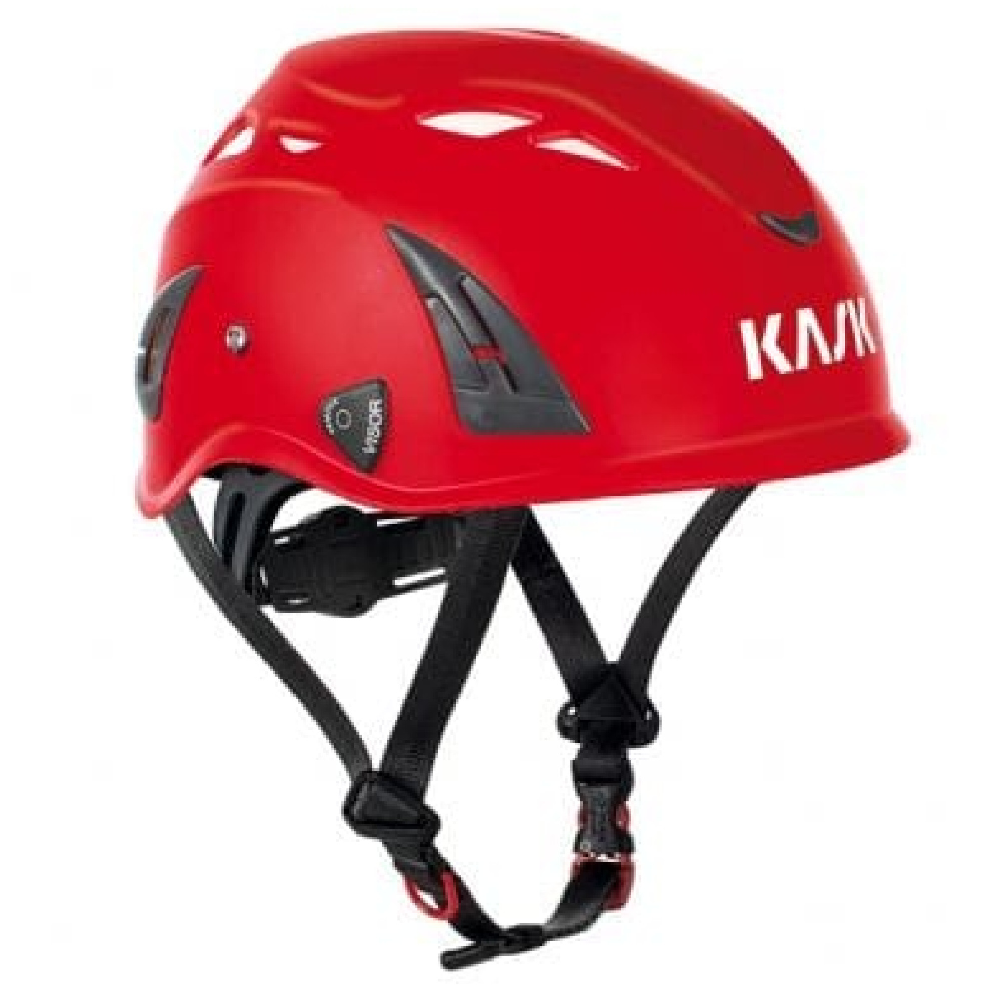 Ein roter Sicherheitshelm der Marke Kask. Der Helm hat Belüftungsöffnungen und eine Schnalle zur Befestigung. Er ist für Schutz bei Aktivitäten im Freien oder Sport gedacht.
