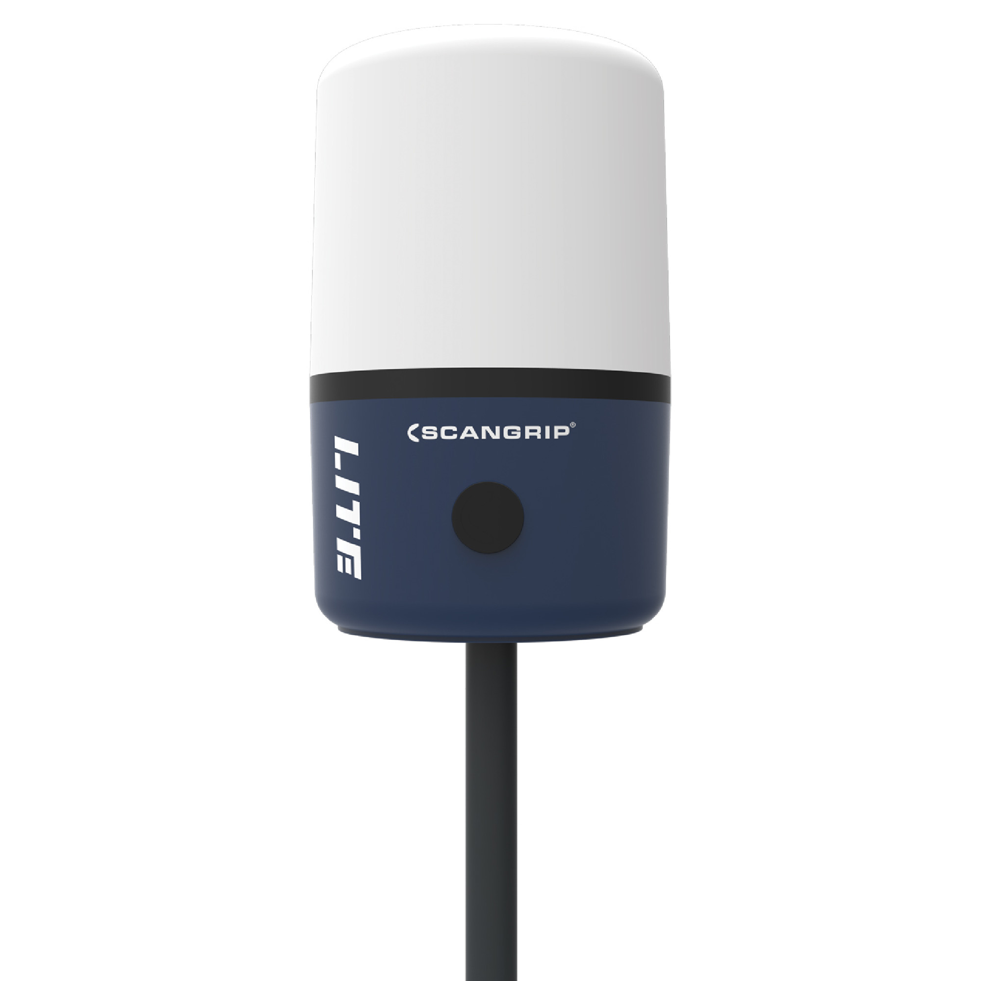 Ein blauer LED-Lampenständer mit einer runden, weißen Leuchte oben. Das Gerät trägt das Logo „SCANGRIP“ und die Bezeichnung „LITE“. Es hat einen einfachen, modernen Designstil und steht auf einem stabilen Fuß.