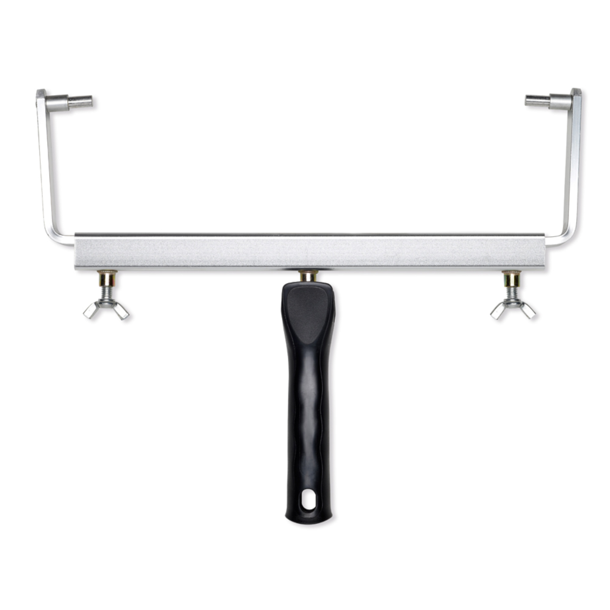 Ein Werkzeug zur Montage mit einem langen, horizontalen Metallstab, an dem zwei verstellbare Halterungen und ein ergonomischer schwarzer Griff angebracht sind. Das Gerät dient wahrscheinlich zur Fixierung oder Unterstützung in handwerklichen Anwendungen.