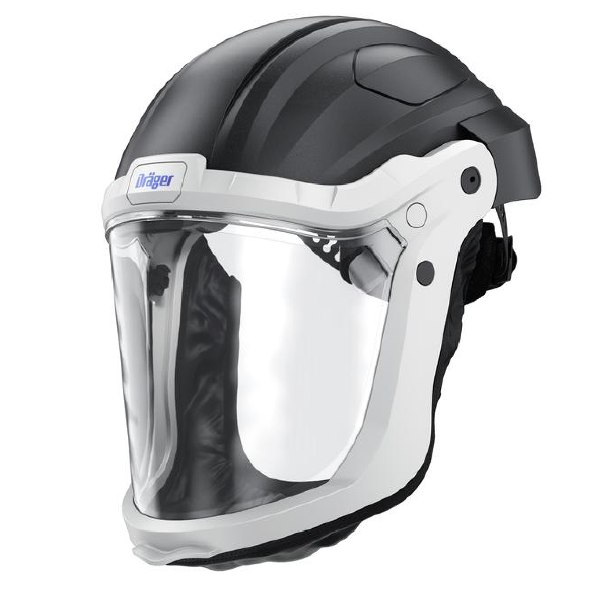 Schutzhelm mit klarem Visier und schwarzer Oberseite. Die Kinnpartie ist gepolstert für zusätzlichen Komfort. Das Design ist ergonomisch und soll Sicherheit in gefährlichen Umgebungen bieten. Der Helm ist von der Marke Dräger.