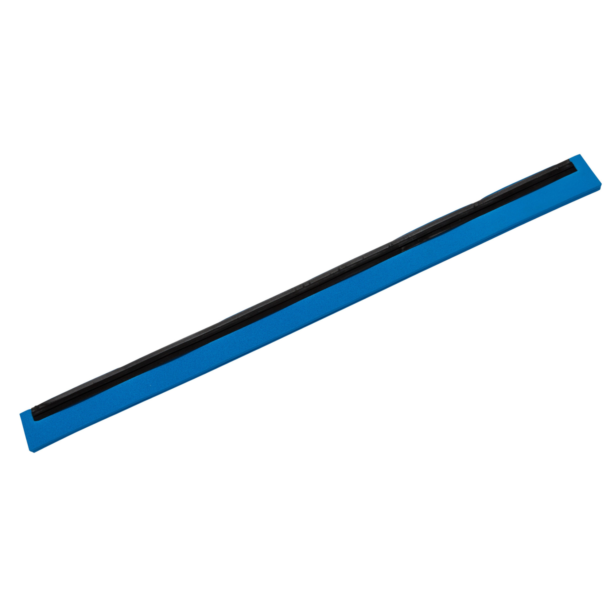 Ein länglicher, blauer Gegenstand mit einer schwarzen Einlage in der Mitte. Der Gegenstand könnte als Schiene oder Führungselement verwendet werden. Er hat eine flache Form und ist gleichmäßig in der Breite.
