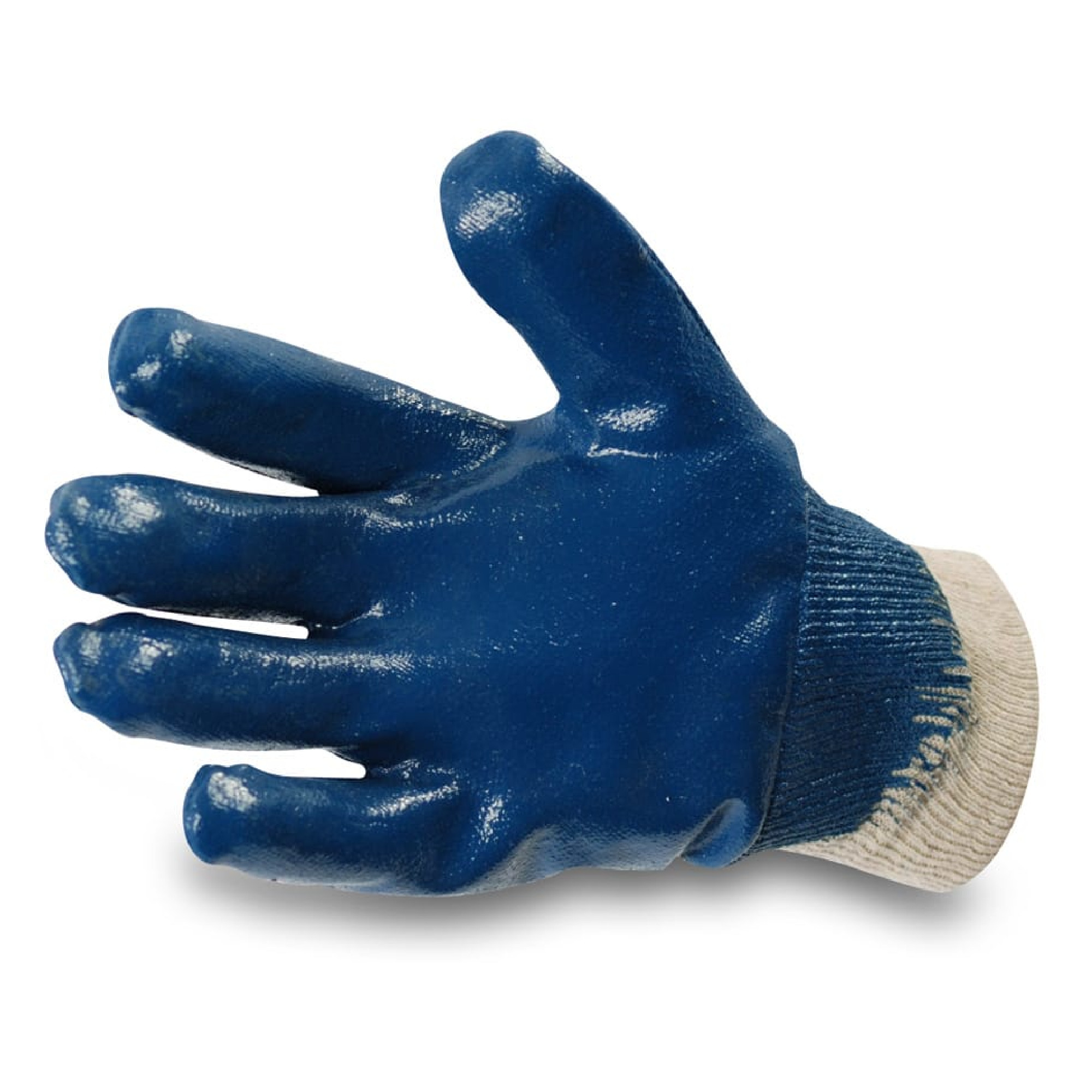Ein blauer Arbeitshandschuh mit fünf Fingern und einer elastischen, beigen Manschette. Der Handschuh hat eine glänzende Oberfläche und ist für den Schutz der Hände bei verschiedenen Arbeiten konzipiert.