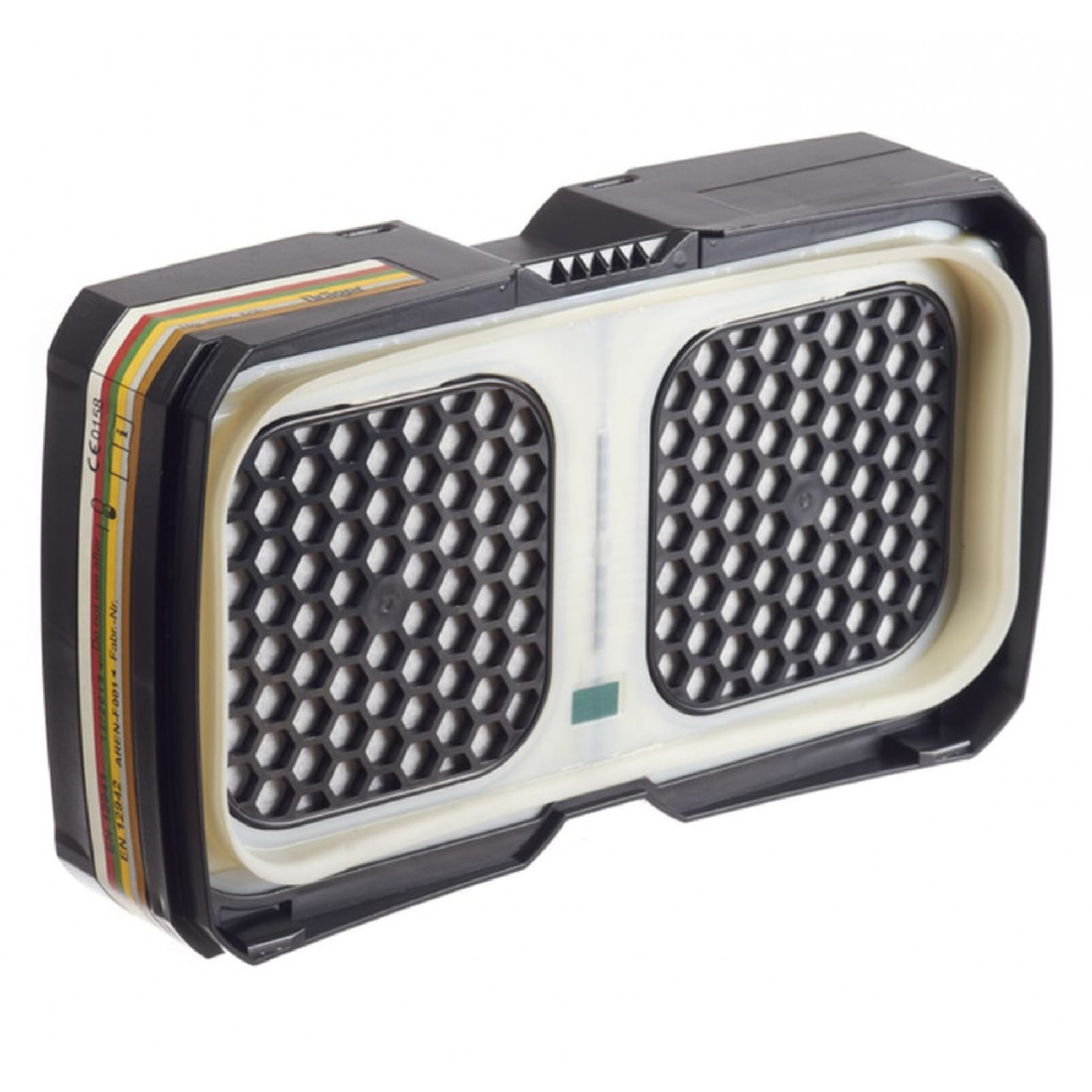 Ein schwarzer, rechteckiger Luftfilter mit einem weißen Rand und einem Wabenmuster in der Mitte. Auf der Oberseite sind farbige Streifen zu sehen. Der Filter scheint für ein technisches Gerät konzipiert zu sein.