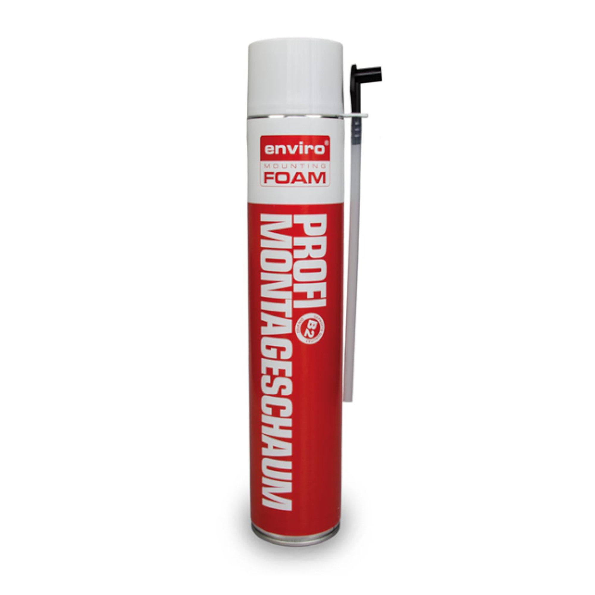 Eine Sprühdose mit Montageschaum in Rot und Weiß. Auf der Dose steht „enviro MONTAGESCHAUM“ und „PROFI MONTAGESCHAUM“ in großen, auffälligen Buchstaben. Die Dose hat einen langen Auslassschlauch für präzises Auftragen.
