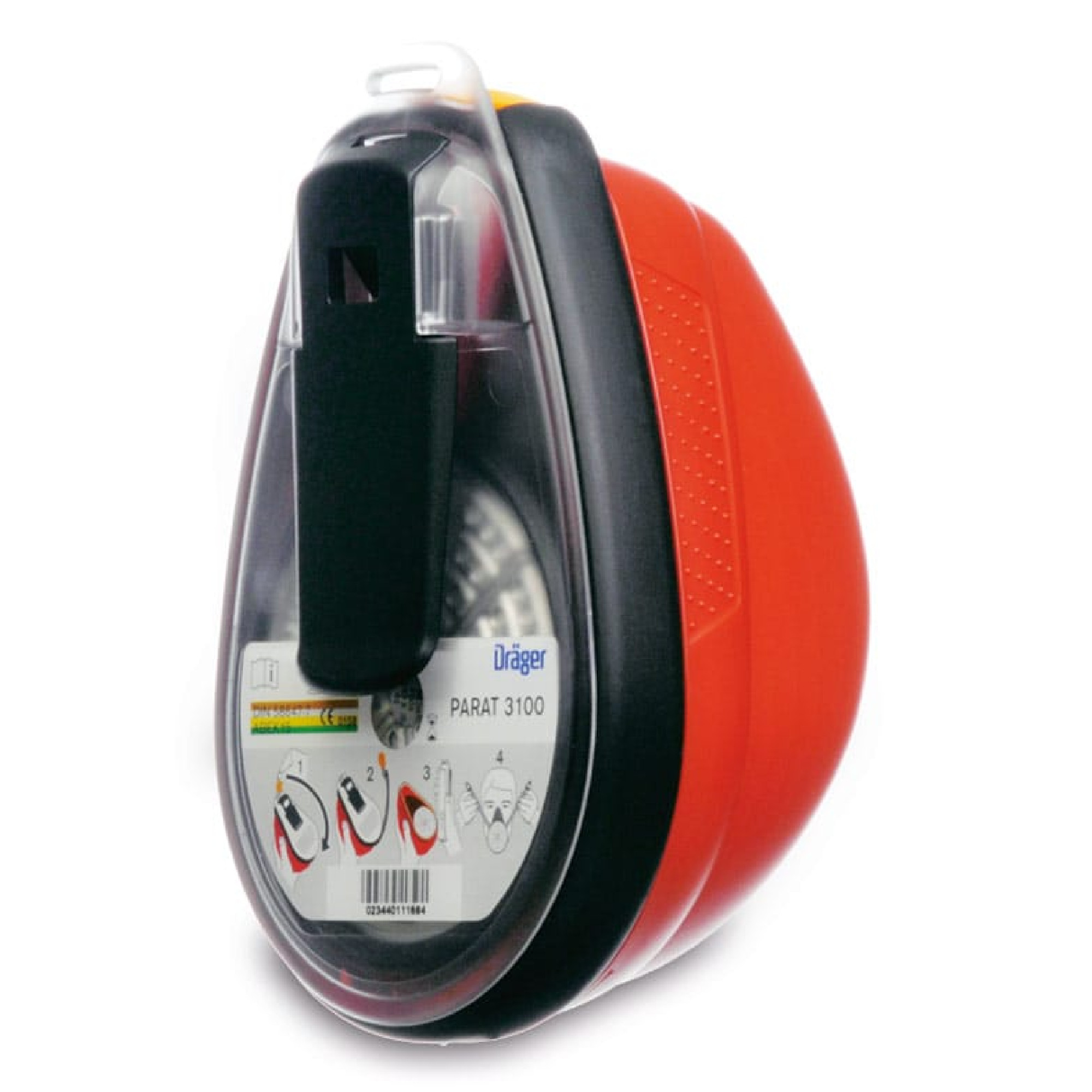 Das Bild zeigt einen roten Atemschutzgerät-Behälter des Modells Dräger PARAT 3100. Auf der Vorderseite sind eine Anleitung zur Benutzung und ein Barcode zu sehen. Der Behälter hat eine geschwungene Form und eine schwarze Griffvorrichtung für die Handhabung.