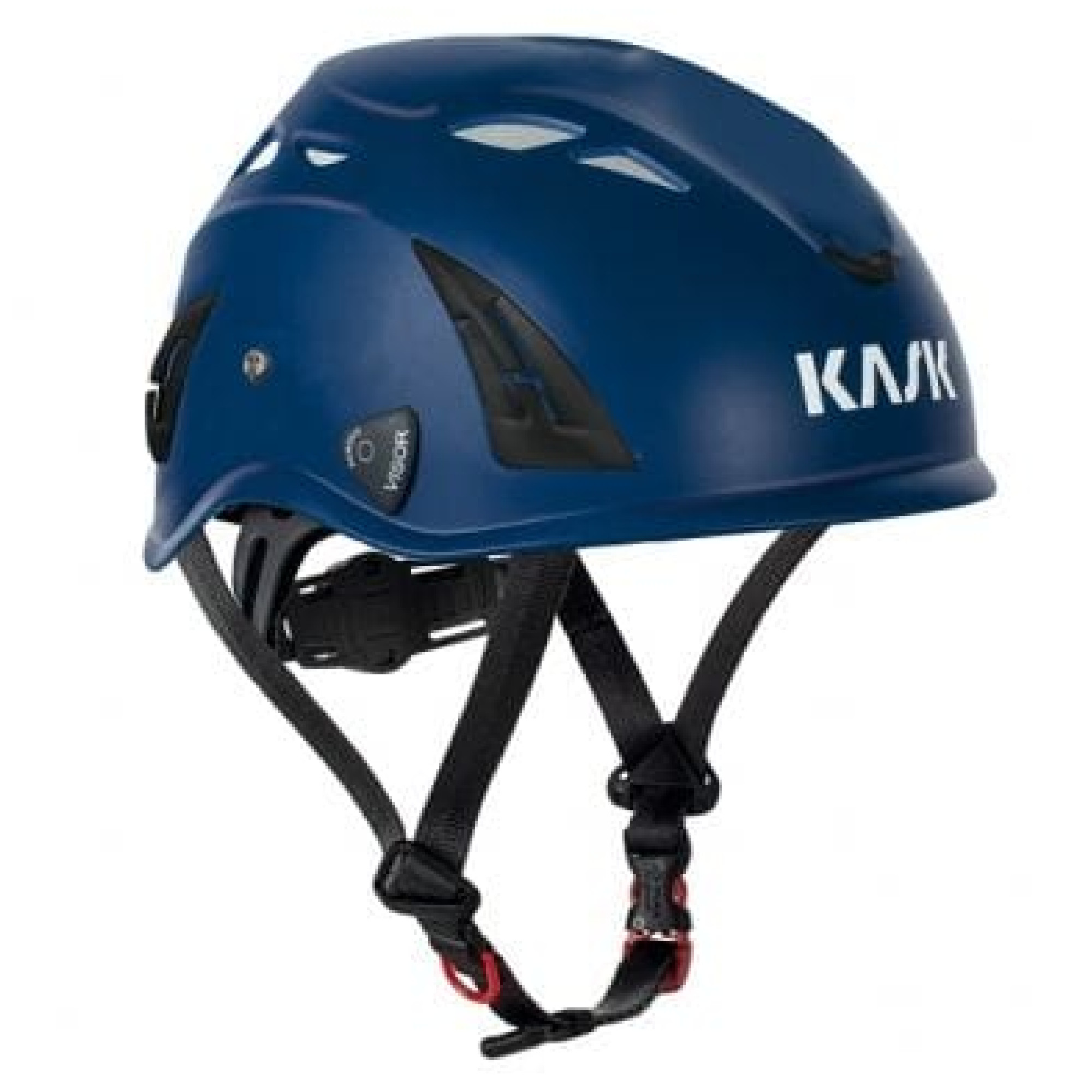 Ein blauer Kletterhelm der Marke KASK steht auf einer weißen Fläche. Der Helm hat Belüftungsöffnungen und einen verstellbaren Riemen. Das Logo der Marke ist gut sichtbar auf der Vorderseite angebracht. Der Helm ist für Sicherheitszwecke beim Klettern oder Arbeiten in der Höhe geeignet.