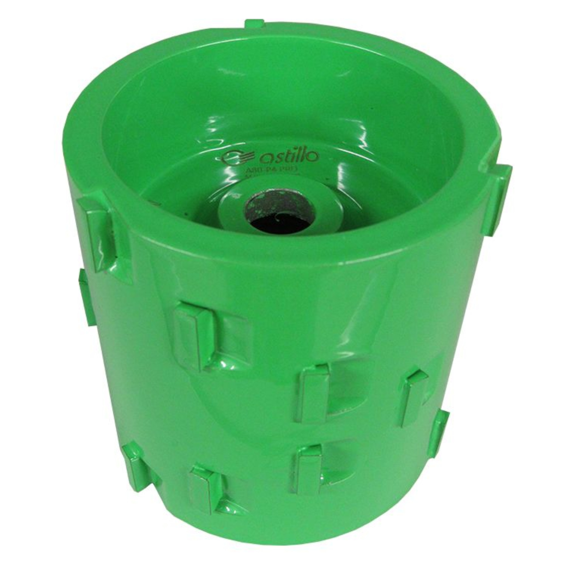Ein grüner zylindrischer Behälter mit einer glatten Innenfläche und einer runden Öffnung in der Mitte. Auf der Außenseite befinden sich mehrere kleine, erhabene rechteckige Elemente. Der Behälter scheint aus plastischem Material gefertigt zu sein.